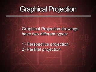 Graphical Projection
Graphical Projection drawings
have two different types:
1) Perspective projection
2) Parallel projection
 