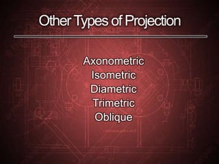 OtherTypes of Projection
Axonometric
Isometric
Diametric
Trimetric
Oblique
 