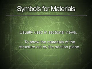 Symbols for Materials
Usually used in sectional views.
To show the materials of the
structure cut by the section plane.
 
