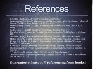 • B.S. 1192 : Part 1,2,3,4,5 Construction Drawing Practice
• Construction Unit (1998), Computer-Aided Design using MicroStation 95, Industrial
Centre, The Hong Kong Polytechnic University.
• Dennis Neeley (1996), CAD and the Practise of Architecture, New York, N.Y.: J.
Wiley
• Earle James H., (1991), Drafting Technology, Addison-Wesley
• Elsheikh Ahmed (1995), An Introduction to Drawing for Civil Engineers, McGraw-
Hill
• Jude D.V., (1983), Civil Engineering Drawing London ; New York : Granada
• Muller Edward J (1996). Reading Architectural Working Drawing , Prentice Hall
• Pickup F. & Parker M. A. (1970) Engineering Drawing with Worked Example
London : Hutchinson.
• Ratensky A. (1983), Drawing and Model making, Whitney Library of Design
• Thompson Arthur, (1993). An Introduction to Construction Drawing, London : E.
Arnold.
• ‘’ Engineering Drawings – Sixth Edition’’ by A.W Boundy (604.2)
• ‘’Introduction to Engineering Drawing – Second Edition’’ by Warren J. Luzadder &
Jon M. Duff ( 604.2)
Guarantee at least 70% referencing from books!
References
 