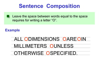 Leave the space between words equal to the space
requires for writing a letter “O”.
Example
Sentence Composition
ALL DIMENSIONS ARE IN
MILLIMETERS
O O O
OUNLESS
OTHERWISE SPECIFIED.
O
 