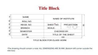 Title Block
•The drawing should contain a note: ALL DIMENSIONS ARE IN MM. (Bottom left corner outside the
title box)
 