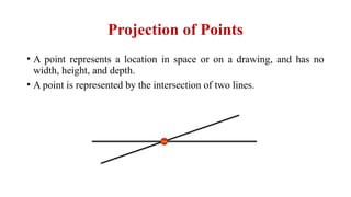 Projection of Points
• A point represents a location in space or on a drawing, and has no
width, height, and depth.
• A point is represented by the intersection of two lines.
 