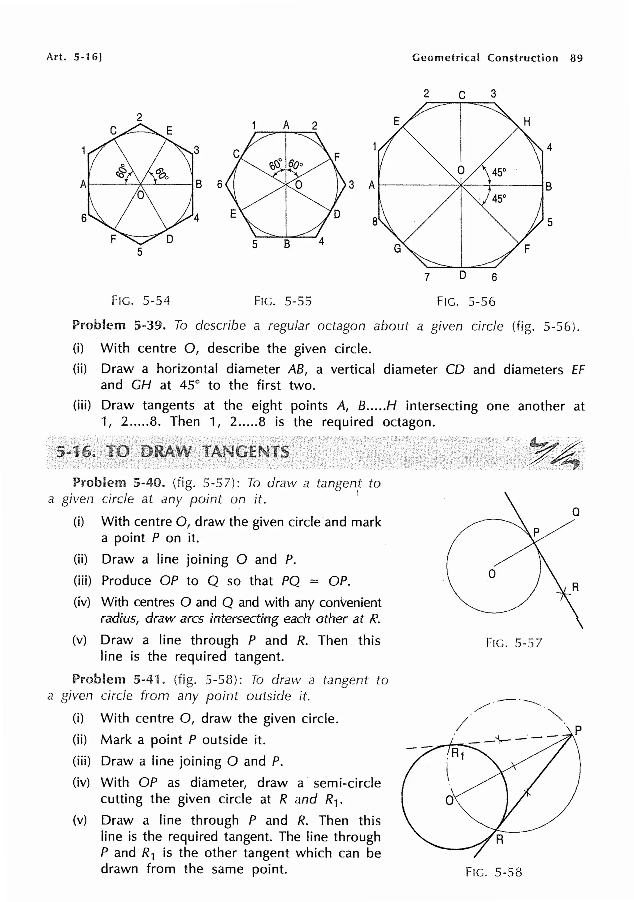 Art. 5-16] Geometrical Construction 89
2 3
7 D 6
Fie. 5-54 Fie. 5-55 F1c. 5-56
Problem 5-39. To describe a regular octagon about a given circle (fig. 5-56).
(i) With centre 0, describe the given circle.
(ii) Draw a horizontal diameter AB, a vertical diameter CD and diameters ff
and CH at 45° to the first two.
(iii) Draw tangents at the eight points A, B.....H intersecting one another at
1, 2.....8. Then 1, 2.....8 is the required octagon.
Problem 5-40. (fig. 5-57): To draw a tangen,t to
a given circle at any point on it. '
(i) With centre 0, draw the given circle and mark
a point P on it.
(ii) Draw a line joining O and P.
(iii) Produce OP to Q so that PQ = OP.
(iv) With centres O and Q and with any convenient
radius, draw arcs intersecting each other at R.
(v) Draw a line through P and R. Then this
line is the required tangent.
Problem 5-41. (fig. 5-58): Ti:J draw a tangent to
a given circle from any point outside it.
(i) With centre 0, draw the given circle.
(ii) Mark a point P outside it.
(iii) Draw a line joining O and P.
(iv) With OP as diameter, draw a semi-circle
cutting the given circle at R and R1.
(v) Draw a line through P and R. Then this
line is the required tangent. The line through
P and R1 is the other tangent which can be
drawn from the same point.
FIC. 5-57
Fie. 5-58
 