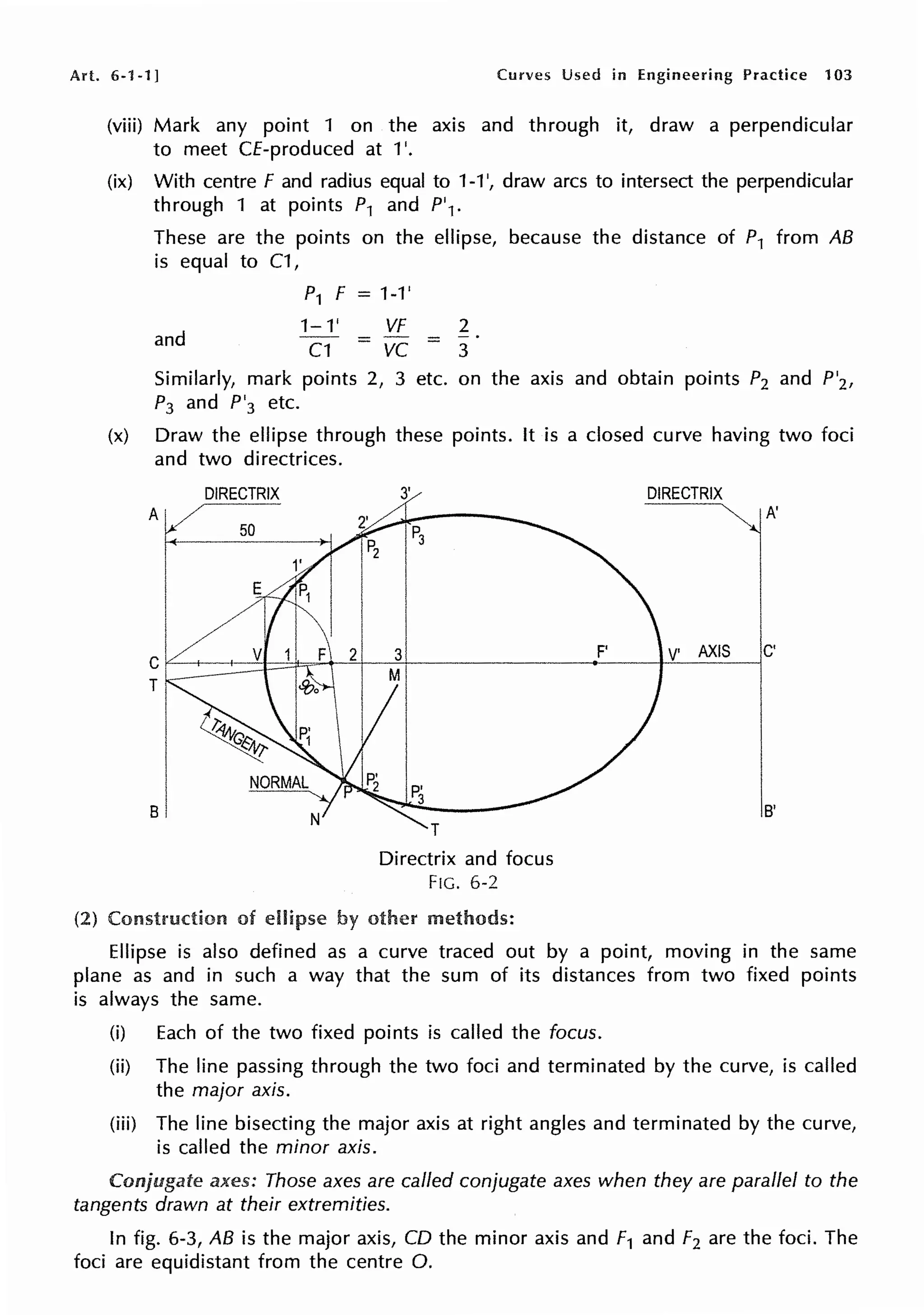 Art. 6-1-1) Curves Used in Engineering Practice 103
(2)
(viii) Mark any point 1 on the axis and through it, draw a perpendicular
to meet CE-produced at 1'.
(ix) With centre F and radius equal to 1-1 ', draw arcs to intersect the perpendicular
through 1 at points P1 and P'1.
These are the points on the ellipse, because the distance of P1 from AB
is equal to C1,
and
P1 F = 1-1'
1-1'
C1
VF 2
- vc = 3
Similarly, mark points 2, 3 etc. on the axis and obtain points P2 and P'2 ,
P3 and P'3 etc.
(x) Draw the ellipse through these points. It is a closed curve having two foci
and two directrices.
DIRECTRIX
T
B
of ellipse
3'
T
Directrix and focus
FIG. 6-2
other methods:
F'
DIRECTRIX
~ A '
V' AXIS C'
B'
Ellipse is also defined as a curve traced out by a point, moving in the same
plane as and in such a way that the sum of its distances from two fixed points
is always the same.
(i) Each of the two fixed points is called the focus.
(ii) The line passing through the two foci and terminated by the curve, is called
the major axis.
(iii) The line bisecting the major axis at right angles and terminated by the curve,
is called the minor axis.
Conjugate axes: Those axes are called conjugate axes when they are parallel to the
tangents drawn at their extremities.
In fig. 6-3, AB is the major axis, CD the minor axis and F1 and F2 are the foci. The
foci are equidistant from the centre 0.
 