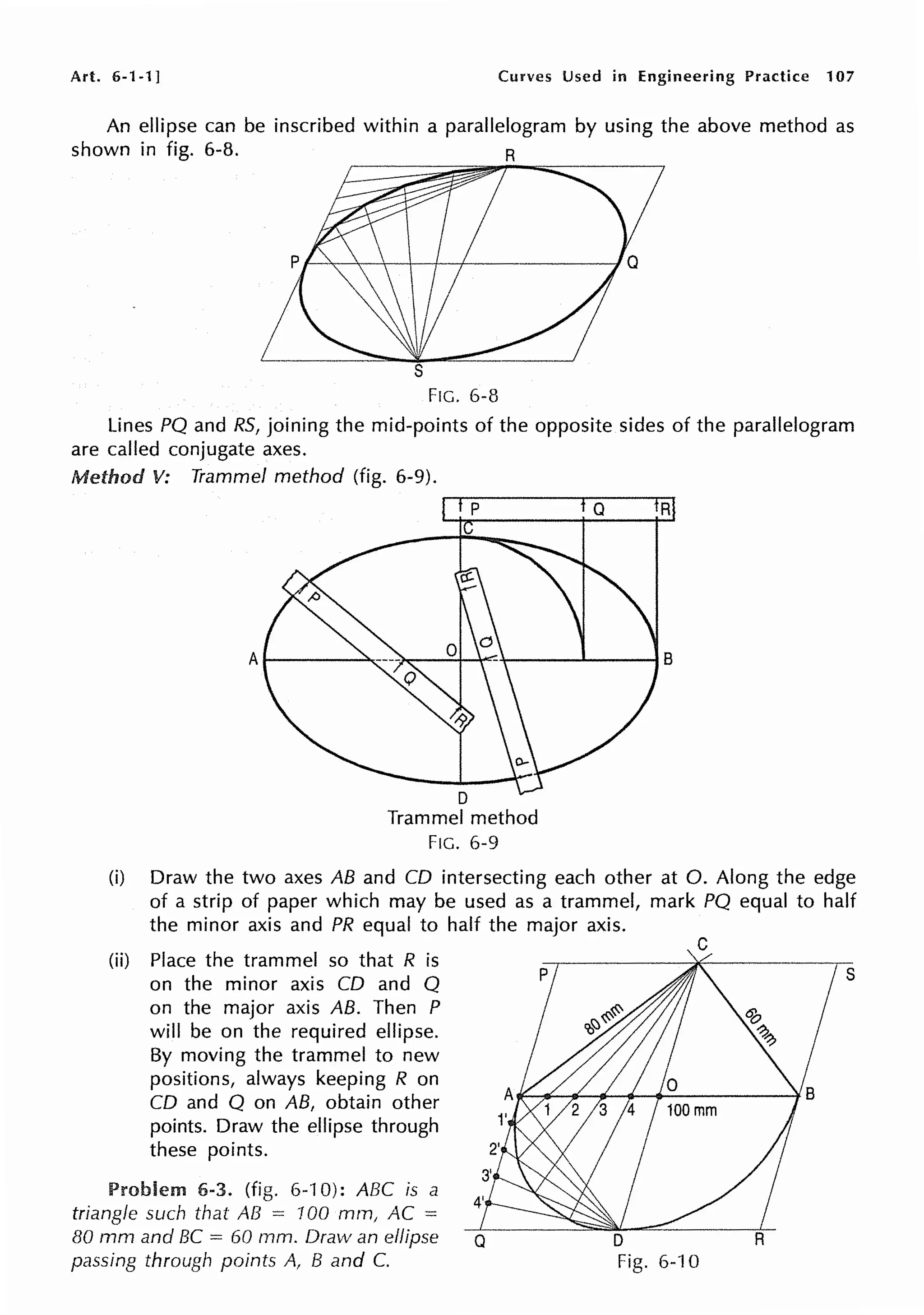 Art. 6-1-1] Curves Used in Engineering Practice 107
An ellipse can be inscribed within a parallelogram by using the above method as
shown in fig. 6-8. R
FIG. 6-8
Lines PQ and RS, joining the mid-points of the opposite sides of the parallelogram
are called conjugate axes.
Method V: Trammel method (fig. 6-9).
D
Trammel method
FIG. 6-9
R
(i) Draw the two axes AB and CD intersecting each other at 0. Along the edge
of a strip of paper which may be used as a trammel, mark PQ equal to half
the minor axis and PR equal to half the major axis.
(ii) Place the trammel so that R is
on the minor axis CD and Q
on the major axis AB. Then P
will be on the required ellipse.
By moving the trammel to new
positions, always keeping R on
CD and Q on AB, obtain other
points. Draw the ellipse through
these points.
Problem 6-3. (fig. 6-10): ABC is a
triangle such that AB mo mm, AC =
80 mm and BC = 60 mm. Draw an ellipse
passing through points A, B and C.
Q D
Fig. 6-10
8
 