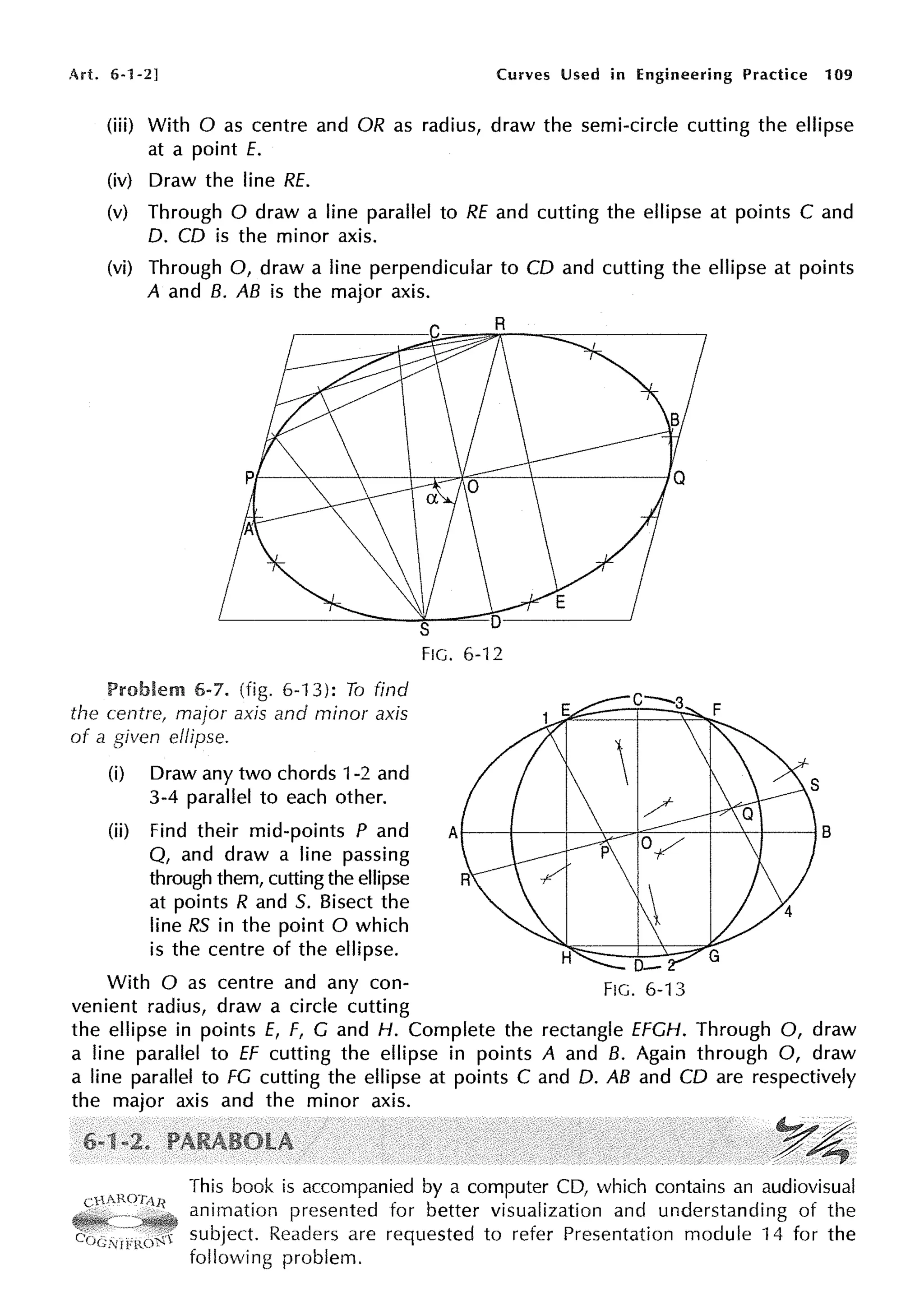 Art. 6-1-2) Curves Used in Engineering Practice 109
(iii) With O as centre and OR as radius, draw the semi-circle cutting the ellipse
at a point E.
(iv) Draw the line RE.
(v) Through O draw a line parallel to RE and cutting the ellipse at points C and
D. CD is the minor axis.
(vi) Through 0, draw a line perpendicular to CD and cutting the ellipse at points
A and 8. AB is the major axis.
Problem 6-7. (fig. 6-13): To find
the centre, major axis and minor axis
of a given elfipse.
(i) Draw any two chords 1-2 and
3-4 parallel to each other.
(ii) Find their mid-points P and
Q, and draw a line passing
through them, cutting the ellipse
at points R and 5. Bisect the
line RS in the point O which
is the centre of the ellipse.
FIG. 6-12
With O as centre and any con- FIG. 6-13
venient radius, draw a circle cutting
the ellipse in points E, F, G and H. Complete the rectangle EFGH. Through 0, draw
a line parallel to ff cutting the ellipse in points A and 8. Again through 0, draw
a line parallel to FG cutting the ellipse at points C and D. AB and CD are respectively
the major axis and the minor axis.
This book is accompanied by a computer CD, which contains an audiovisual
animation presented for better visualization and understanding of the
subject. Readers are requested to refer Presentation module 14 for the
following problem.
 