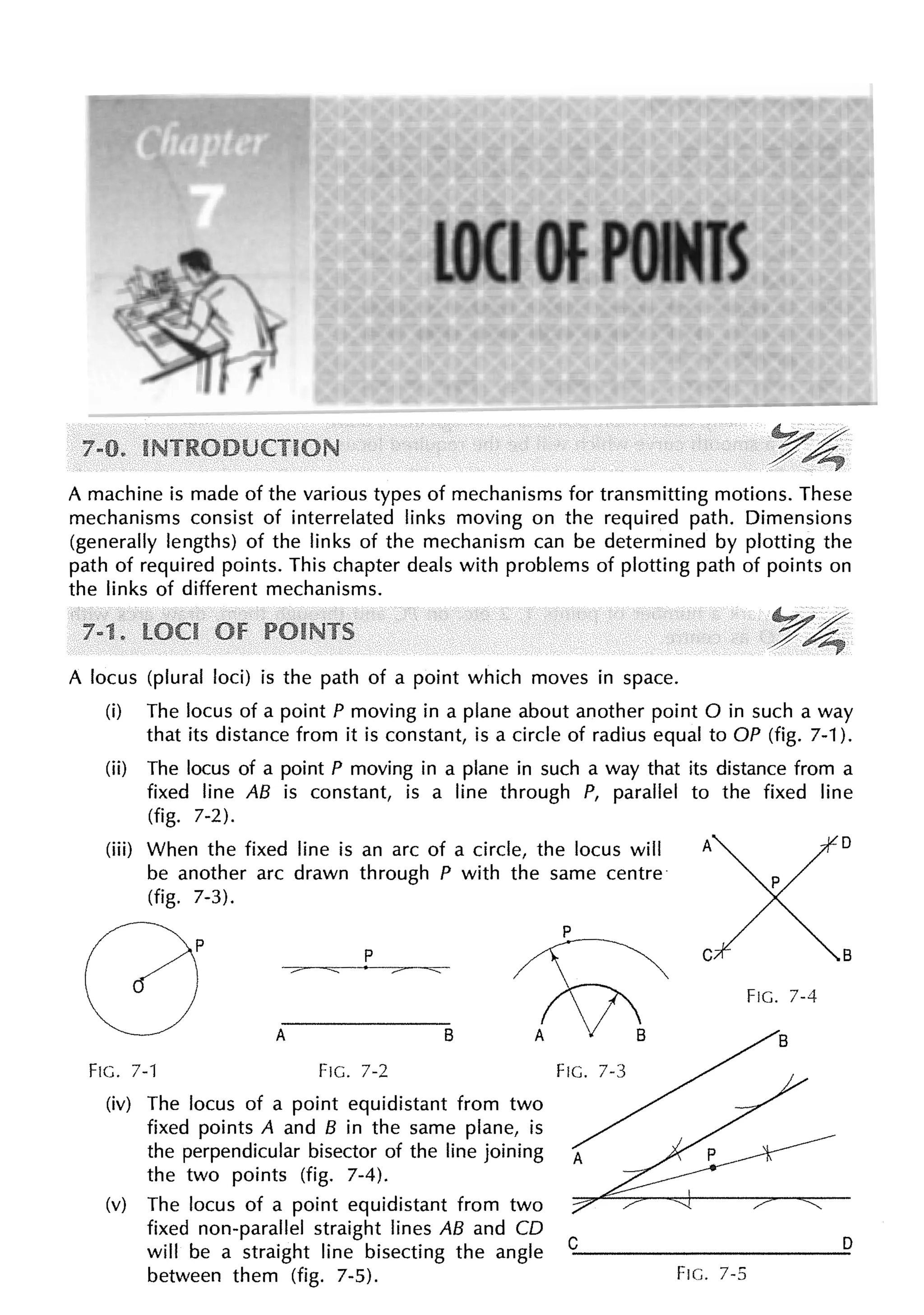 A machine is made of the various types of mechanisms for transmitting motions. These
mechanisms consist of interrelated links moving on the required path. Dimensions
(generally lengths) of the links of the mechanism can be determined by plotting the
path of required points. This chapter deals with problems of plotting path of points on
the links of different mechanisms.
A locus (plural loci) is the path of a point which moves in space.
(i) The locus of a point P moving in a plane about another point O in such a way
that its distance from it is constant, is a circle of radius equal to OP (fig. 7-1 ).
(ii) The locus of a point P moving in a plane in such a way that its distance from a
fixed line AB is constant, is a line through P, parallel to the fixed line
(fig. 7-2).
(iii) When the fixed line is an arc of a circle, the locus will A
be another arc drawn through P with the same centre·
(fig. 7-3).
0
p
A 8
FIG. 7-1 FIG. 7-2
(iv) The locus of a point equidistant from two
fixed points A and B in the same plane, is
the perpendicular bisector of the line joining
the two points (fig. 7-4).
(v) The locus of a point equidistant from two
fixed non-parallel straight lines AB and CD
will be a straight line bisecting the angle
between them (fig. 7-5).
p
FIG. 7-3
C
C
FIG. 7-5
8
FIG. 7-4
D
 