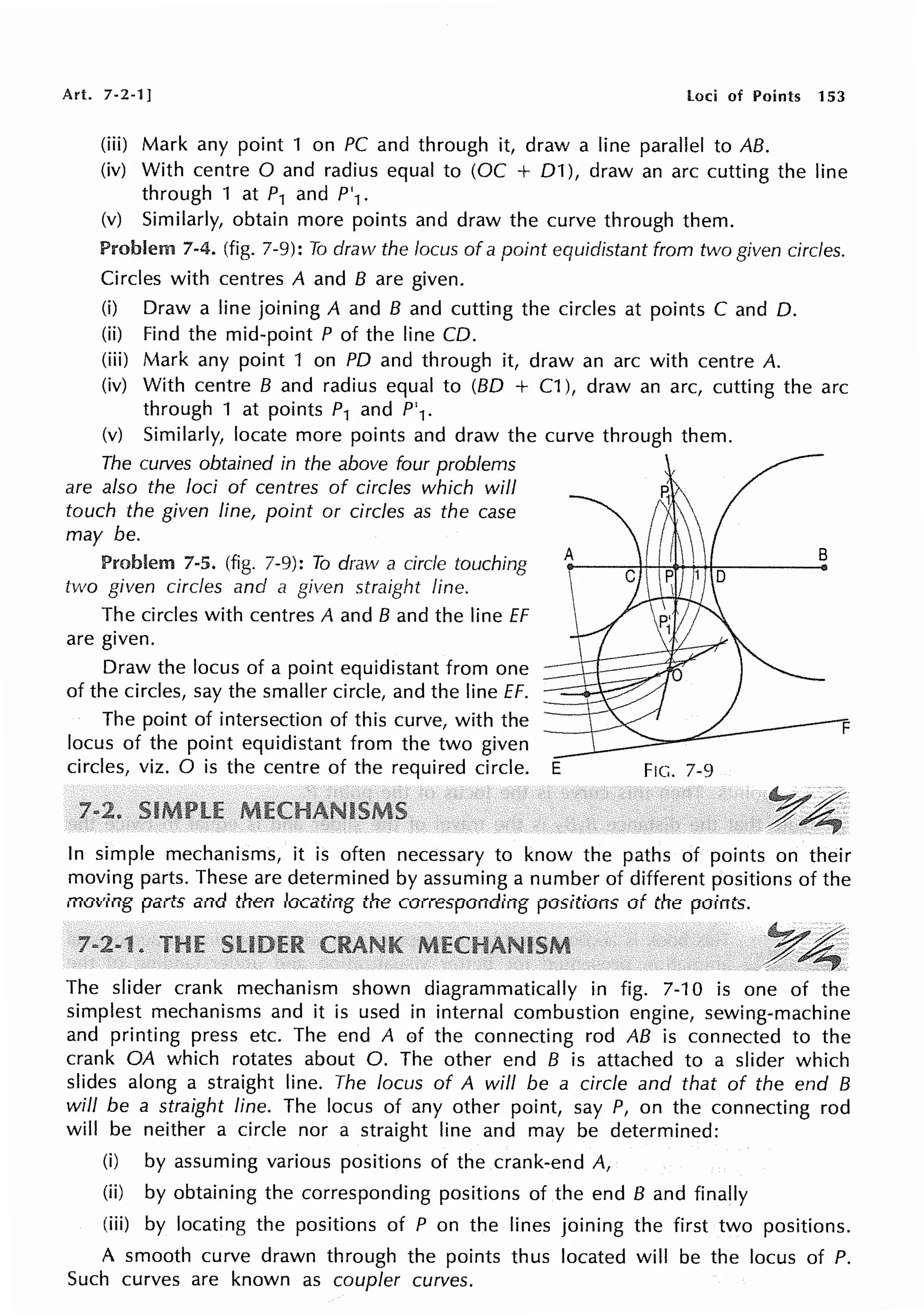 Art. 7-2-1] loci of Points 153
(iii) Mark any point 1 on PC and through it, draw a line parallel to AB.
(iv) With centre O and radius equal to (OC + 01 ), draw an arc cutting the line
through 1 at P1 and P'1 .
(v) Similarly, obtain more points and draw the curve through them.
Problem 7-4. (fig. 7-9): To draw the locus ofa point equidistant from two given circles.
Circles with centres A and B are given.
(i) Draw a line joining A and B and cutting the circles at points C and D.
(ii) Find the mid-point P of the line CD.
(iii) Mark any point 1 on PD and through it, draw an arc with centre A.
(iv) With centre B and radius equal to (BO + C1 ), draw an arc, cutting the arc
through 1 at points P1 and P'1.
(v) Similarly, locate more points and draw the curve through them.
The curves obtained in the above four problems
are also the loci of centres of circles which will
touch the given line, point or circles as the case
may be.
Problem 7-5. (fig. 7-9): To draw a circle touching
two given circles and a given straight line.
The circles with centres A and B and the line ff
are given.
Draw the locus of a point equidistant from one
of the circles, say the smaller circle, and the line ff.
The point of intersection of this curve, with the
locus of the point equidistant from the two given
circles, viz. 0 is the centre of the required circle. E FIG. 7-9
B
In simple mechanisms, it is often necessary to know the paths of points on their
moving parts. These are determined by assuming a number of different positions of the
moving parts and then locating the corresponding positions of the points.
~£'.
P~.
The slider crank mechanism shown diagrammatically in fig. 7-10 is one of the
simplest mechanisms and it is used in internal combustion engine, sewing-machine
and printing press etc. The end A of the connecting rod AB is connected to the
crank OA which rotates about 0. The other end B is attached to a slider which
slides along a straight line. The locus of A will be a circle and that of the end B
will be a straight line. The locus of any other point, say P, on the connecting rod
will be neither a circle nor a straight line and may be determined:
(i) by assuming various positions of the crank-end A,
(ii) by obtaining the corresponding positions of the end B and finally
(iii) by locating the positions of P on the lines joining the first two positions.
A smooth curve drawn through the points thus located will be the locus of P.
Such curves are known as coupler curves.
 