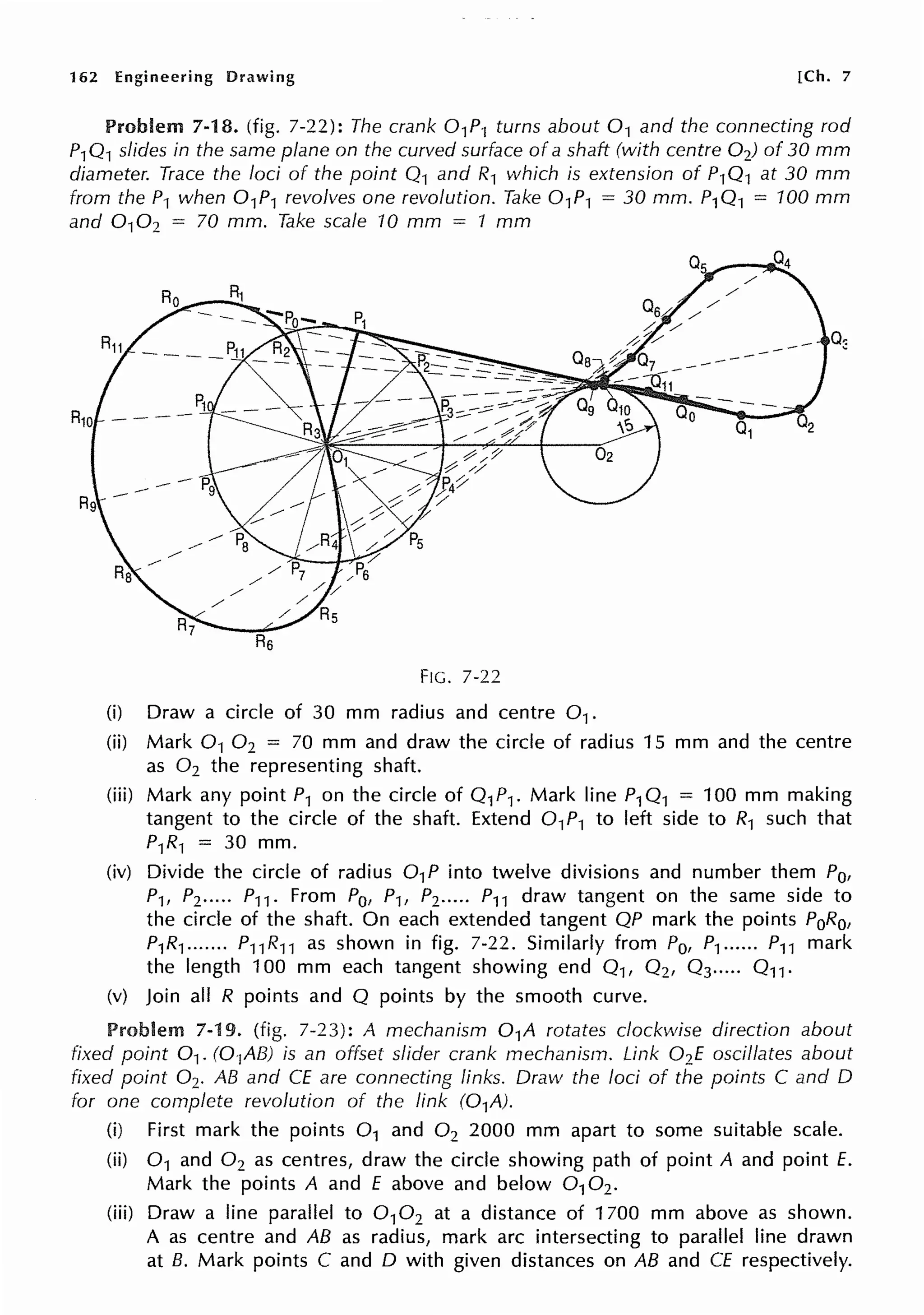 162 Engineering Drawing [Ch. 7
Problem 7-18. (fig. 7-22): The crank 0 1P-1 turns about 0 1 and the connecting rod
P1Q1 slides in the same plane on the curved surface of a shaft (with centre 0 2) of 30 mm
diameter. Trace the loci of the point 0 1 and R1 which is extension of P10 1 at 30 mm
from the P1 when 0 1P1 revolves one revolution. Take 0 1P1 = 30 mm. P10 1 = 100 mm
and 0 10 2 = 70 mm. Take scale 10 mm = 1 mm
FIG. 7-22
(i) Draw a circle of 30 mm radius and centre 0 1 •
(ii) Mark 0 1 0 2 = 70 mm and draw the circle of radius 15 mm and the centre
as 0 2 the representing shaft.
(iii) Mark any point P1 on the circle of 0 1P1. Mark line P10 1 = 100 mm making
tangent to the circle of the shaft. Extend 0 1P1 to left side to R1 such that
P1R1 = 30 mm.
(iv) Divide the circle of radius 0 1P into twelve divisions and number them P0,
P1, P2••••• P11 . From P0, P1, P2.•..• P11 draw tangent on the same side to
the circle of the shaft. On each extended tangent OP mark the points P0R0,
P1R1....... P11 R11 as shown in fig. 7-22. Similarly from P0, P1 ..•... P11 mark
the length 100 mm each tangent showing end 0 1, 0 2, 0 3..... 011.
(v) Join all R points and O points by the smooth curve.
Problem 7-19. (fig. 7-23): A mechanism 0 1A rotates clockwise direction about
fixed point 0 1. (0 1AB) is an offset slider crank mechanism. Link 0 2£ oscillates about
fixed point 0 2. AB and CE are connecting links. Draw the loci of the points C and D
for one complete revolution of the link (01A).
(i) First mark the points 0 1 and 0 2 2000 mm apart to some suitable scale.
(ii) 0 1 and 0 2 as centres, draw the circle showing path of point A and point E.
Mark the points A and E above and below 0 10 2.
(iii) Draw a line parallel to 0 10 2 at a distance of 1700 mm above as shown.
A as centre and AB as radius, mark arc intersecting to parallel line drawn
at 8. Mark points C and O with given distances on AB and CE respectively.
 