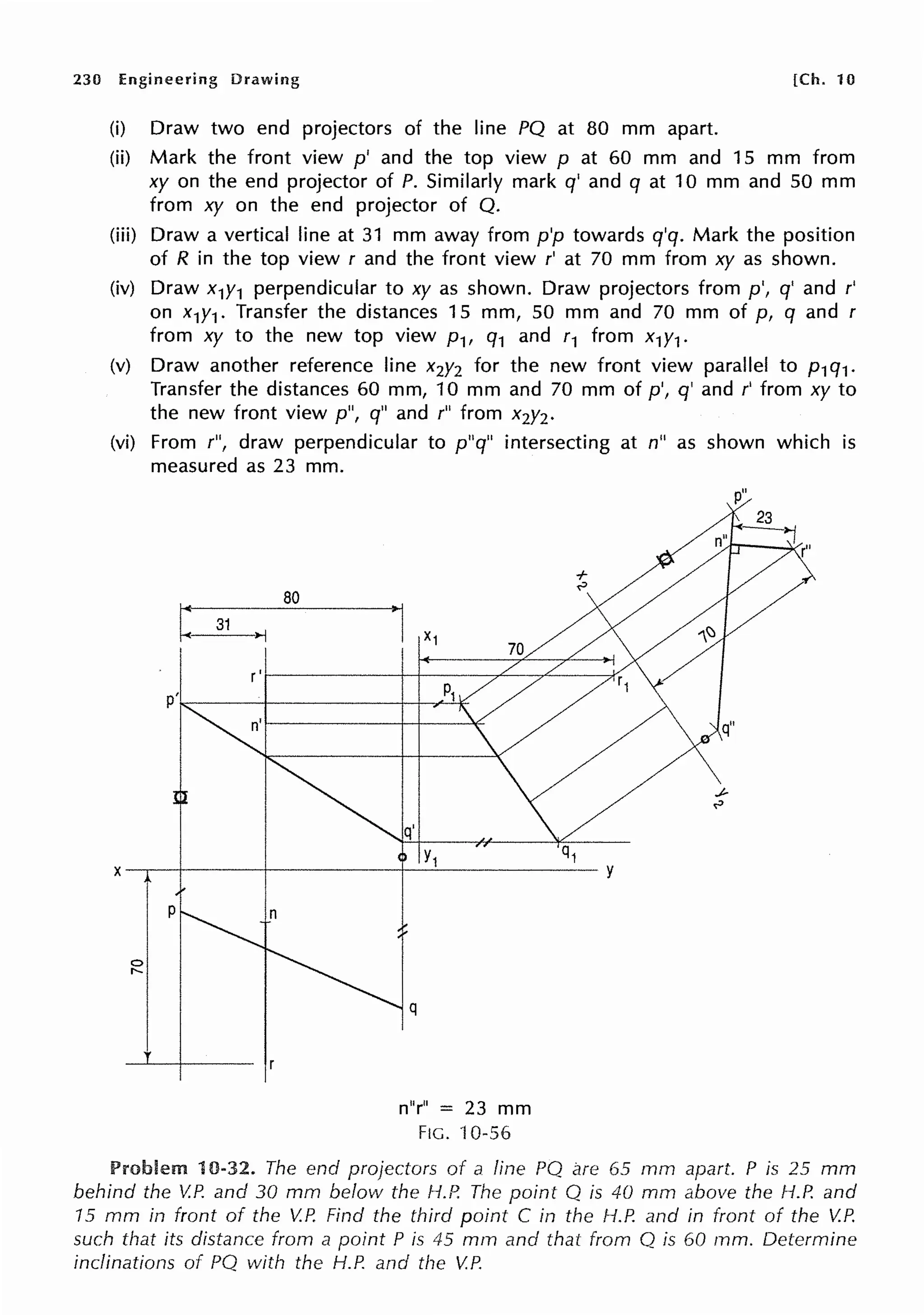 230 Engineering Drawing [Ch. 10
(i) Draw two end projectors of the line PQ at 80 mm apart.
(ii) Mark the front view p' and the top view p at 60 mm and 15 mm from
xy on the end projector of P. Similarly mark q' and q at 10 mm and 50 mm
from xy on the end projector of Q.
(iii) Draw a vertical line at 31 mm away from p'p towards q'q. Mark the position
of R in the top view r and the front view r' at 70 mm from xy as shown.
(iv) Draw x1y1 perpendicular to xy as shown. Draw projectors from p', q' and r'
on x1y1 . Transfer the distances 15 mm, 50 mm and 70 mm of p, q and r
from xy to the new top view p1, q1 and r1 from x1y1.
(v) Draw another reference line x2y2 for the new front view parallel to p1q1.
Transfer the distances 60 mm, 10 mm and 70 mm of p', q' and r' from xy to
the new front view p", q" and r" from x2y2 •
(vi) From r", draw perpendicular to p"q" intersecting at n" as shown which is
measured as 23 mm.
q
n"r" = 23 mm
FIG. ·10-56
Problem 10-32. The end projectors of a line PQ are 65 mm apart. P is 25 mm
behind the V.P. and 30 mm below the H.P. The point Q is 40 mm above the H.P. and
15 mm in front of the V.P. Find the third point C in the H.P. and in front of the V.P.
such that its distance from a point P is 45 mm and that from Q is 60 mm. Determine
inclinations of PQ with the H.P. and the V.P.
 