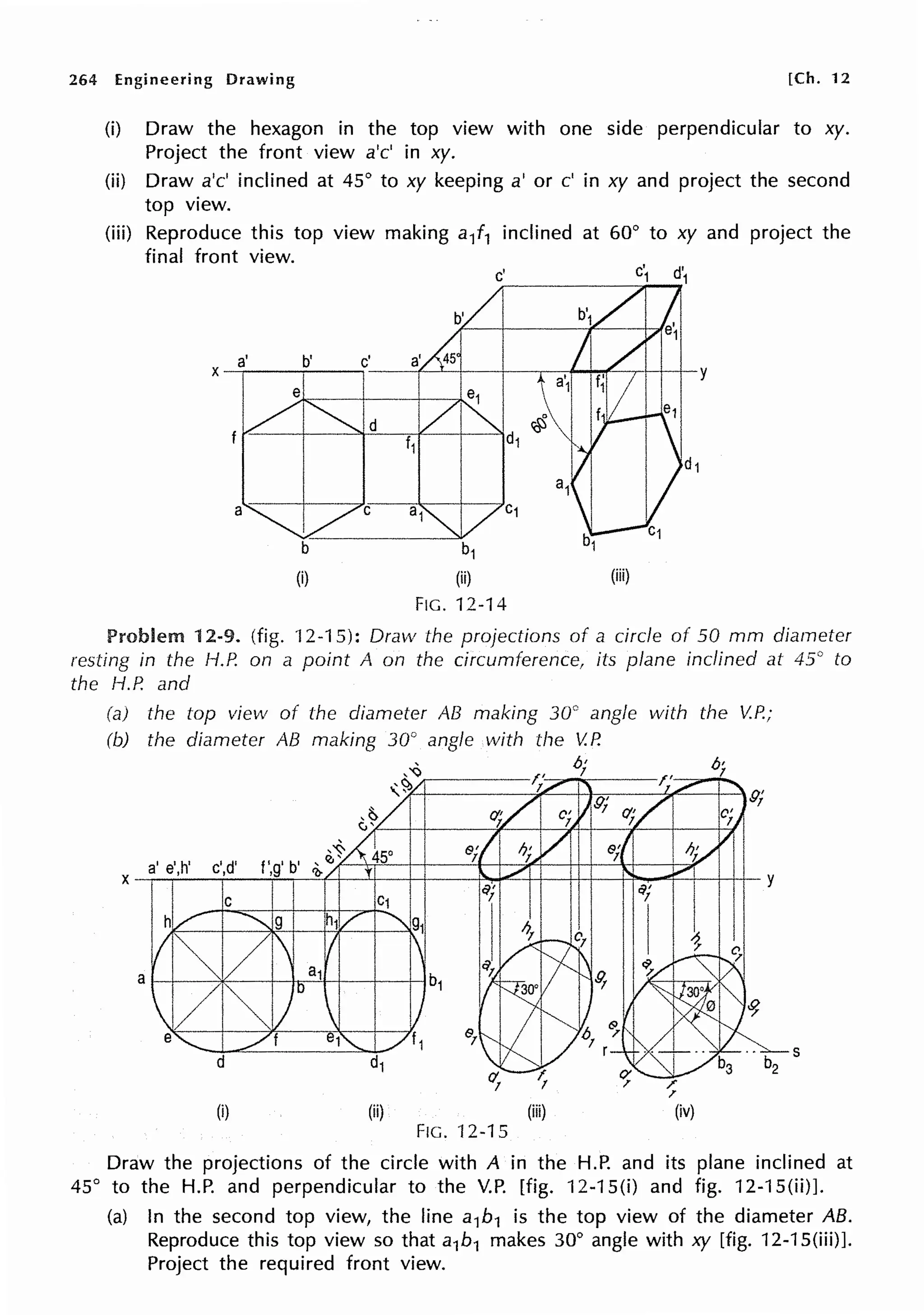 264 Engineering Drawing [Ch. 12
(i) Draw the hexagon in the top view with one side perpendicular to xy.
Project the front view a'c' in xy.
(ii) Draw a'c' inclined at 45° to xy keeping a' or c' in xy and project the second
top view.
(iii) Reproduce this top view making al1 inclined at 60° to xy and project the
final front view.
FIG. 12-14
Problem 12-9. (fig. ·12-15): Draw the projections of a circle of 50 mm diameter
resting in the H.P. on a point A on the circumference, its plane inclined at 45° to
the H.P. and
(a) the top view of the diameter AB making 30° angle with the V.P.;
(b) the diameter AB making 30° angle with the V. P.
(i) (ii)
FIG. '12-15
(iii)
/"
)'
(iv)
Draw the projections of the circle with A in the H.P. and its plane inclined at
45° to the H.P. and perpendicular to the V.P. [fig. 12-15(i) and fig. 12-15(ii)].
(a) In the second top view, the line a1b1 is the top view of the diameter AB.
Reproduce this top view so that a1b1 makes 30° angle with xy [fig. 12-15(iii)].
Project the required front view.
 