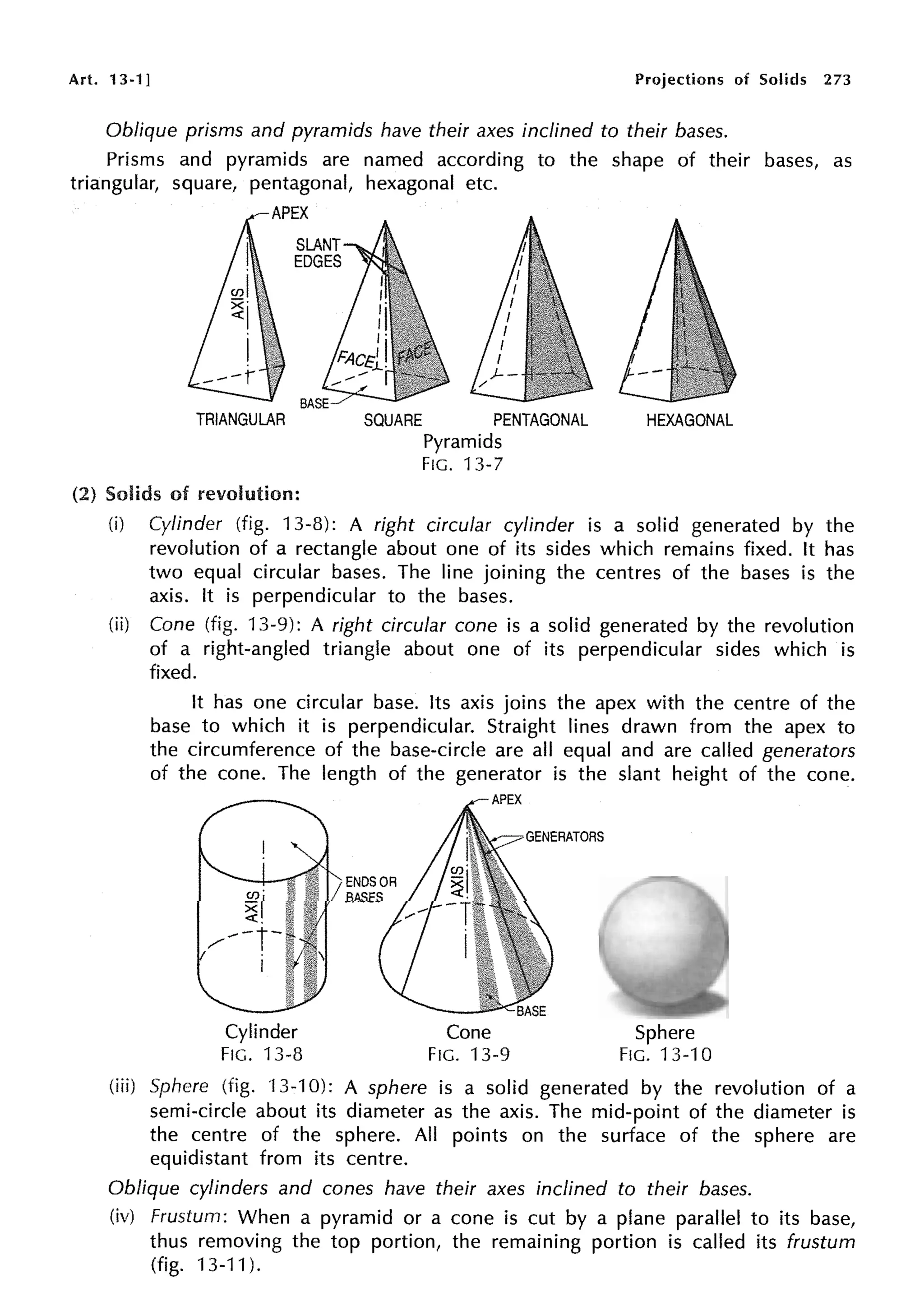 Art. 13-1] Projections of Solids 273
Oblique prisms and pyramids have their axes inclined to their bases.
Prisms and pyramids are named according to the shape of their bases, as
triangular, square, pentagonal, hexagonal etc.
APEX
TRIANGULAR SQUARE PENTAGONAL HEXAGONAL
Pyramids
FIG. 13-7
(2) Solids of revolution:
(i) Cylinder (fig. 13-8): A right circular cylinder is a solid generated by the
revolution of a rectangle about one of its sides which remains fixed. It has
two equal circular bases. The line joining the centres of the bases is the
axis. It is perpendicular to the bases.
(ii) Cone (fig. 13-9): A right circular cone is a solid generated by the revolution
of a right-angled triangle about one of its perpendicular sides which is
fixed.
It has one circular base. Its axis joins the apex with the centre of the
base to which it is perpendicular. Straight lines drawn from the apex to
the circumference of the base-circle are all equal and are called generators
of the cone. The length of the generator is the slant height of the cone.
Cylinder
FIG. 13-8
Cone
FIG. 13-9
Sphere
FIG. 13-10
(iii) Sphere (fig. 'l 3-10): A sphere is a solid generated by the revolution of a
semi-circle about its diameter as the axis. The mid-point of the diameter is
the centre of the sphere. All points on the surface of the sphere are
equidistant from its centre.
Oblique cylinders and cones have their axes inclined to their bases.
(iv) Frustum: When a pyramid or a cone is cut by a plane parallel to its base,
thus removing the top portion, the remaining portion is called its frustum
(fig. 13-11).
 