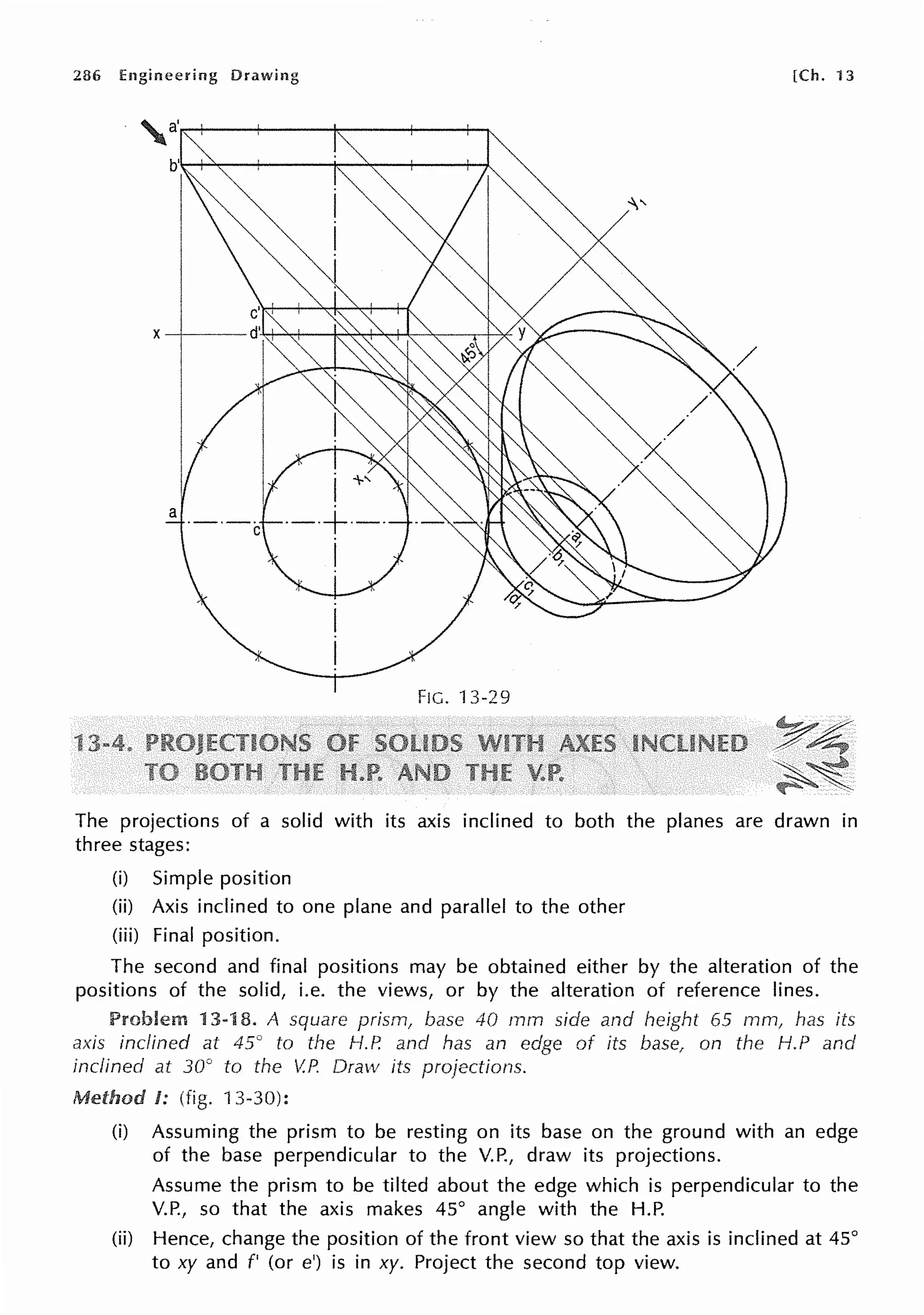 286 Engineering Drawing [Ch. 13
X--+----
a
·-·-c
FIG. 13-29
The projections of a solid with its axis inclined to both the planes are drawn in
three stages:
(i) Simple position
(ii) Axis inclined to one plane and parallel to the other
(iii) Final position.
The second and final positions may be obtained either by the alteration of the
positions of the solid, i.e. the views, or by the alteration of reference lines.
Problem 13-18. A square prism, base 40 rnm side and height 65 mm, has its
axis inclined at 45° to the H.P. and has an edge of its base, on the H.P and
inclined at 30° to the V.P. Draw its proJections.
-~unnn I: (fig. 13-30):
(i) Assuming the prism to be resting on its base on the ground with an edge
of the base perpendicular to the V.P., draw its projections.
Assume the prism to be tilted about the edge which is perpendicular to the
V.P., so that the axis makes 45° angle with the H.P.
(ii) Hence, change the position of the front view so that the axis is inclined at 45°
to xy and f' (or e') is in xy. Project the second top view.
 