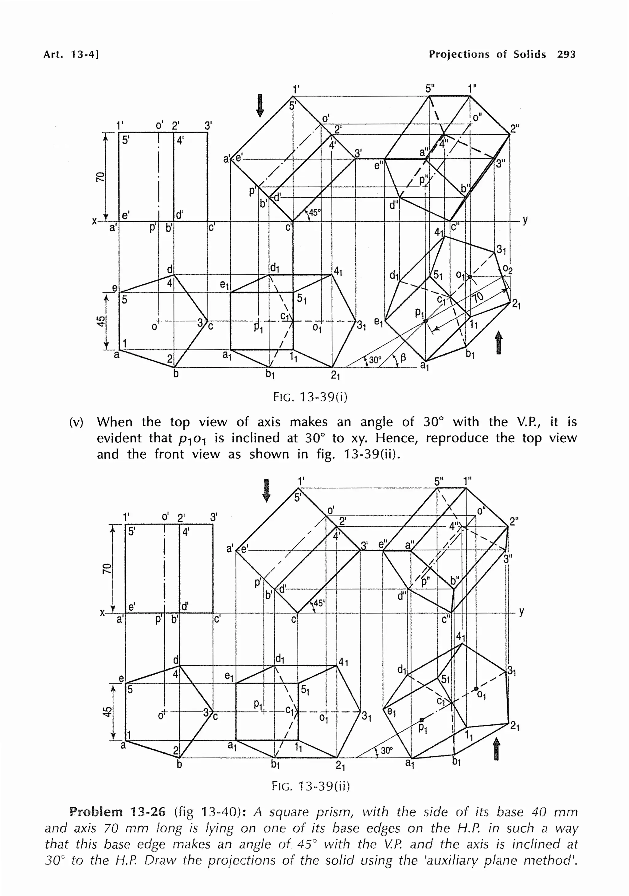 Art. 13·4]
21
FIG. 13-39(i)
Projections of Solids 293
5" 1"
(v) When the top view of axis makes an angle of 30° with the V.P., it is
evident that p1o1 is inclined at 30° to xy. Hence, reproduce the top view
and the front view as shown in fig. 13-39(ii).
1' o'
r 5'
0
r-.
X
e'
a' p
2' 3'
4'
d'
b' c'
1'
21
FIG. 13-39(ii)
5" 1"
y
Problem 13-26 (fig 13-40): A square prism, with the side of its base 40 mm
and axis 70 mm long is lying on one of its base edges on the H.P. in such a way
that this base edge makes an angle of 45° with the V.P. and the axis is inclined at
30° to the H.P. Draw the projections of the solid using the 'auxiliary plane method'.
 