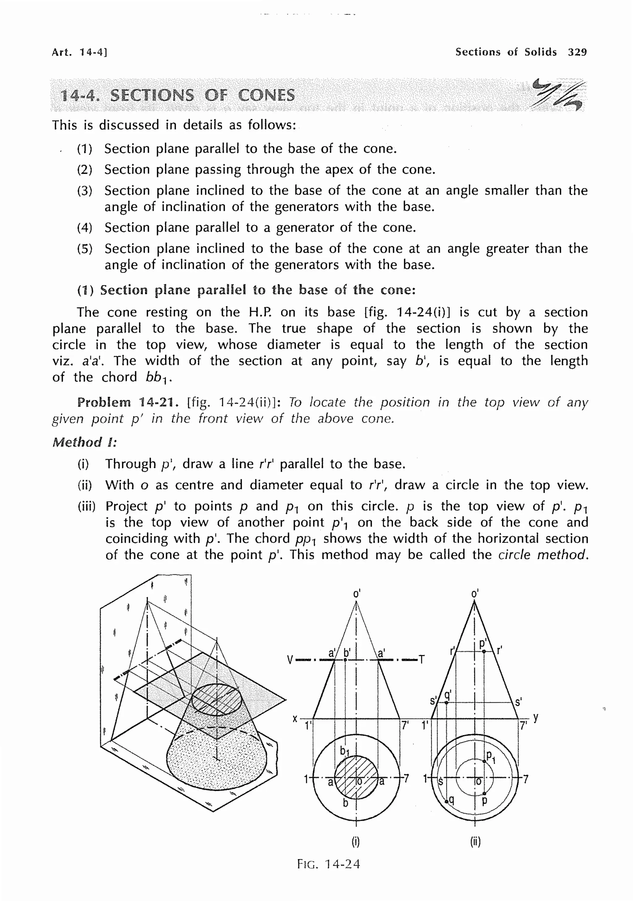Art. 14-4] Sections of Solids 329
This is discussed in details as follows:
(1) Section plane parallel to the base of the cone.
(2) Section plane passing through the apex of the cone.
(3) Section plane inclined to the base of the cone at an angle smaller than the
angle of inclination of the generators with the base.
(4) Section plane parallel to a generator of the cone.
(5) Section plane inclined to the base of the cone at an angle greater than the
angle of inclination of the generators with the base.
(1) Section plane parallel to the base of cone:
The cone resting on the H.P. on its base [fig. 14-24(i)] is cut by a section
plane parallel to the base. The true shape of the section is shown by the
circle in the top view, whose diameter is equal to the length of the section
viz. a'a'. The width of the section at any point, say b', is equal to the length
of the chord bb1 •
Problem 14-21. [fig. 14-24(ii)]: To locate the pos1t1on in the top view of any
given point p' in the front view of the above cone.
Method I:
(i) Through p', draw a line r'r' parallel to the base.
(ii) With o as centre and diameter equal to r'r', draw a circle in the top view.
(iii) Project p' to points p and p1 on this circle. p is the top view of p'. p1
is the top view of another point p'1 on the back side of the cone and
coinciding with p'. The chord pp1 shows the width of the horizontal section
of the cone at the point p'. This method may be called the circle method.
(i)
FIG. 14-24
(ii)
 