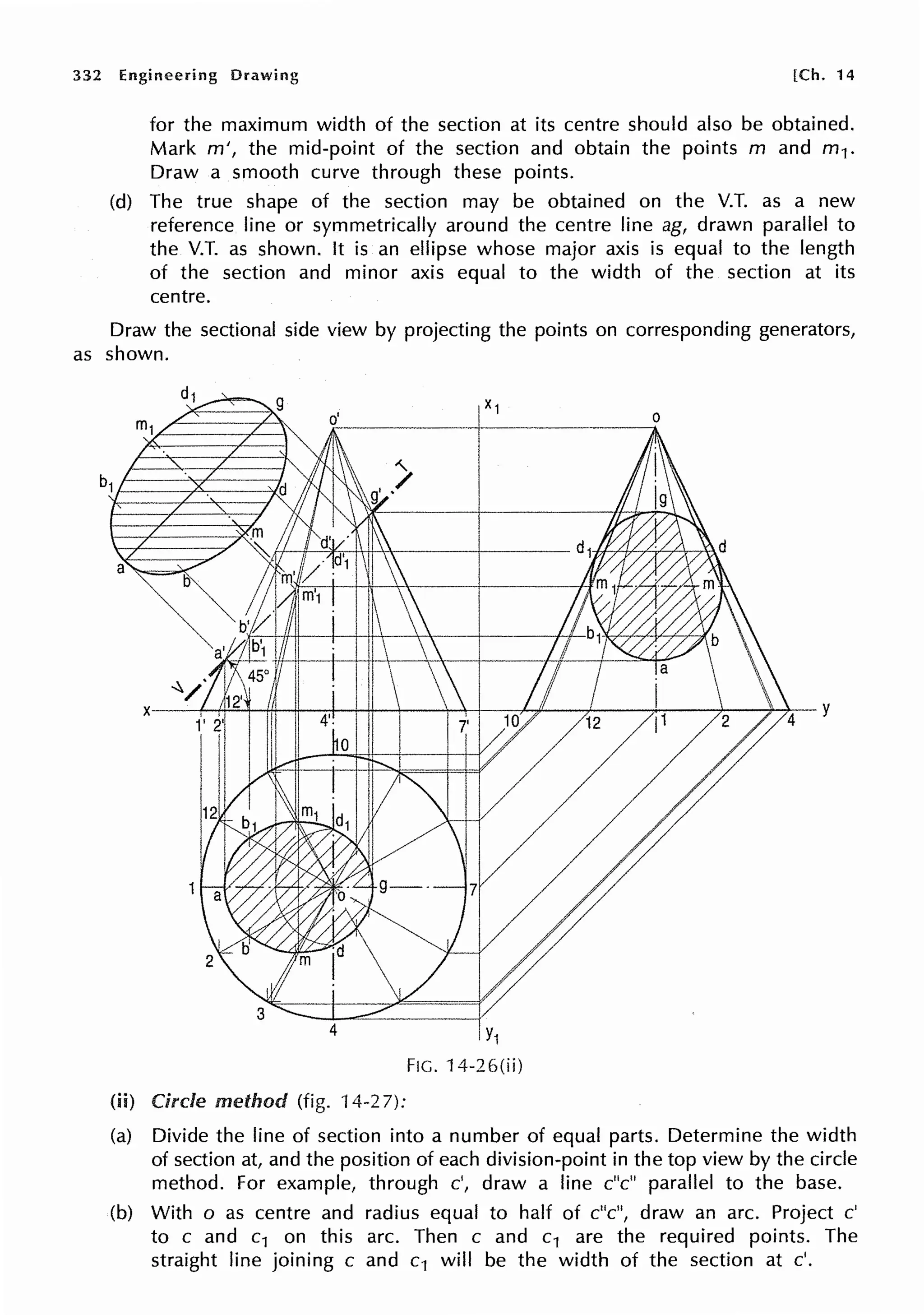 332 Engineering Drawing [Ch. 14
for the maximum width of the section at its centre should also be obtained.
Mark m', the mid-point of the section and obtain the points m and m 1.
Draw a smooth curve through these points.
(d) The true shape of the section may be obtained on the V.T. as a new
reference line or symmetrically around the centre line ag, drawn parallel to
the V.T. as shown. It is an ellipse whose major axis is equal to the length
of the section and minor axis equal to the width of the section at its
centre.
Draw the sectional side view by projecting the points on corresponding generators,
as shown.
4
(ii) Circle method (fig. 14-27):
Y1
FIG. 14-26(ii)
(a) Divide the line of section into a number of equal parts. Determine the width
of section at, and the position of each division-point in the top view by the circle
method. For example, through c', draw a line c"c" parallel to the base.
(b) With o as centre and radius equal to half of c"c", draw an arc. Project c'
to c and c1 on this arc. Then c and c1 are the required points. The
straight line joining c and c1 will be the width of the section at c'.
 