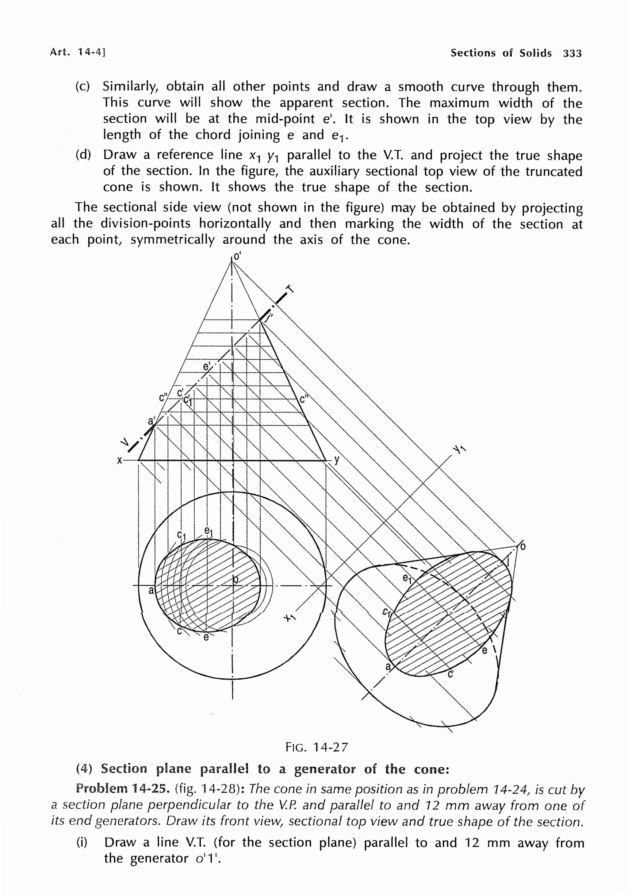 Art. 14-4] Sections of Solids 333
(c) Similarly, obtain all other points and draw a smooth curve through them.
This curve will show the apparent section. The maximum width of the
section will be at the mid-point e'. It is shown in the top view by the
length of the chord joining e and e1.
(d) Draw a reference line x1 y1 parallel to the V.T. and project the true shape
of the section. In the figure, the auxiliary sectional top view of the truncated
cone is shown. It shows the true shape of the section.
The sectional side view (not shown in the figure) may be obtained by projecting
all the division-points horizontally and then marking the width of the section at
each point, symmetrically around the axis of the cone.
FIG. 14-27
(4) Section plane parallel to a generator of the cone:
Problem 14-25. (fig. 14-28): The cone in same position as in problem 14-24, is cut by
a section plane perpendicular to the V.P. and parallel to and 12 mm away from one of
its end generators. Draw its front view, sectional top view and true shape of the section.
(i) Draw a line V.T. (for the section plane) parallel to and 12 mm away from
the generator o' 1'.
 