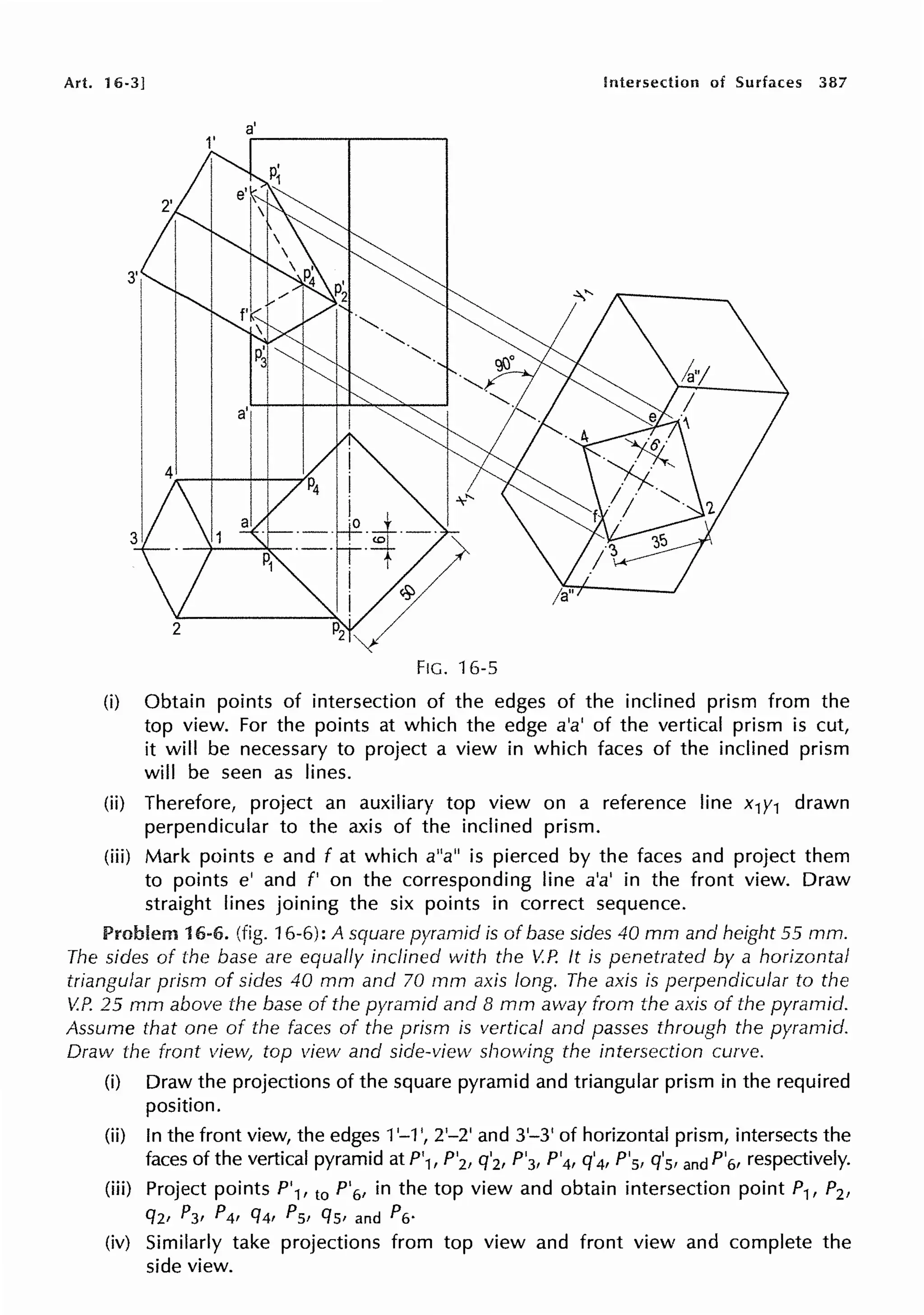 Art. 16·3] Intersection of Surfaces 387
FIG. 16-5
(i) Obtain points of intersection of the edges of the inclined prism from the
top view. For the points at which the edge a'a' of the vertical prism is cut,
it will be necessary to project a view in which faces of the inclined prism
will be seen as lines.
(ii) Therefore, project an auxiliary top view on a reference line x1y1 drawn
perpendicular to the axis of the inclined prism.
(iii) Mark points e and f at which a"a" is pierced by the faces and project them
to points e' and f' on the corresponding line a'a' in the front view. Draw
straight lines joining the six points in correct sequence.
Problem 16-6. (fig. 16-6): A square pyramid is of base sides 40 mm and height 55 mm.
The sides of the base are equally inclined with the V.P. It is penetrated by a horizontal
triangular prism of sides 40 mm and 70 mm axis long. The axis is perpendicular to the
V.P. 25 mm above the base of the pyramid and 8 mm away from the axis of the pyramid.
Assume that one of the faces of the prism is vertical and passes through the pyramid.
Draw the front view, top view and side-view showing the intersection curve.
(i) Draw the projections of the square pyramid and triangular prism in the required
position.
(ii) In the front view, the edges 1'-1 ', 2'-2' and 3'-3' of horizontal prism, intersects the
faces of the vertical pyramid at P'1, P'2, q'2, P'3, P'4, q'4, P's, q's, and P'6, respectively.
(iii) Project points P'1, to P'6, in the top view and obtain intersection point P1, P2,
q2, P3, P4, q4, Ps, qs, and P6.
(iv) Similarly take projections from top view and front view and complete the
side view.
 