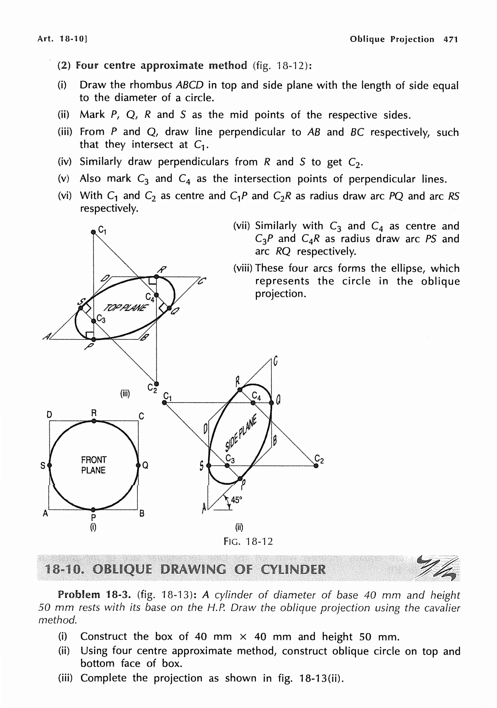 Art. 18-1 OJ Oblique Projection 471
s
(2) four centre approximate method (fig. 18-12):
(i) Draw the rhombus ABCD in top and side plane with the length of side equal
to the diameter of a circle.
(ii) Mark P, Q, R and S as the mid points of the respective sides.
(iii) From P and Q, draw line perpendicular to AB and BC respectively, such
that they intersect at C1.
(iv) Similarly draw perpendiculars from R and S to get C2.
(v) Also mark C3 and C4 as the intersection points of perpendicular lines.
(vi) With C1 and C2 as centre and C1P and C2R as radius draw arc PQ and arc RS
respectively.
D R
p
(i)
(iii)
(vii) Similarly with C3 and C4 as centre and
C3P and C4R as radius draw arc PS and
arc RQ respectively.
(viii) These four arcs forms the ellipse, which
represents the circle in the oblique
projection.
C
(ii)
FIG. 18-12
Problem 18-3. (fig. 18-13): A cylinder of diameter of base 40 mm and height
50 mm rests with its base on the H.P. Draw the oblique projection using the cavalier
method.
(i) Construct the box of 40 mm x 40 mm and height 50 mm.
(ii) Using four centre approximate method, construct oblique circle on top and
bottom face of box.
(iii) Complete the projection as shown in fig. 18-13(ii).
 