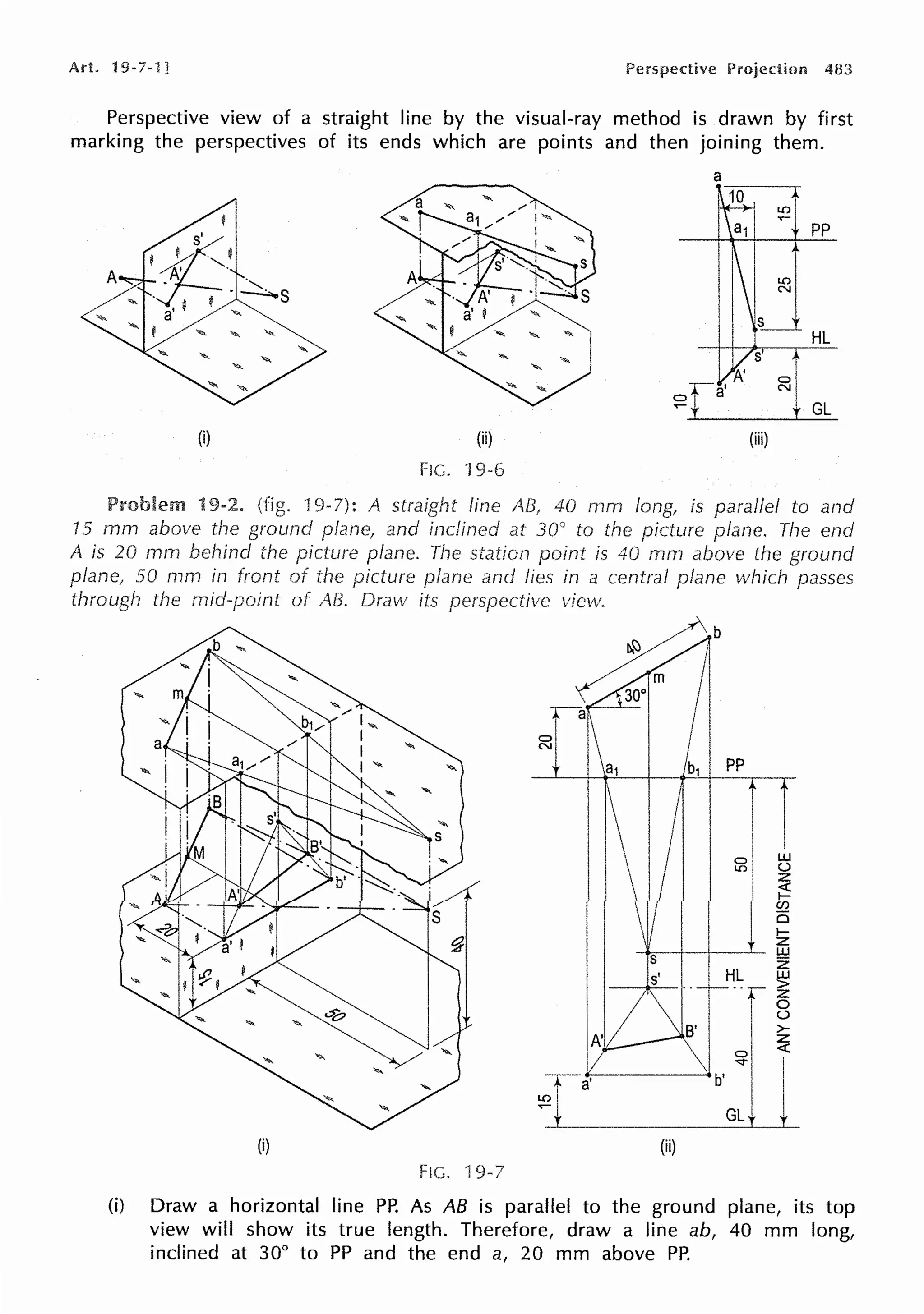 Art. 19-7-l] 483
Perspective view of a straight line by the visual-ray method is drawn by first
marking the perspectives of its ends which are points and then joining them.
I
s'
! '-.'
. ·-......
. . -..:.,.,.s
a' I ""
! "'- "' "'
(i)
Problem 9-2.
15 mm above the ground
A is 20 mrn behind
(ii)
FIG. 19-6
a
~
a1 I ,;.;;+ PP
GL
(iii)
line 40 rnm long, is parallel to and
inclined at 30° to the picture plane. The end
plane. The station is 40 mm above the ground
the picture plane lies in a central plane which passes
plane, 50 mm in front
through the mid-point of AB. Draw its view.
C)
N
g ~
z
~
(/)
ci
1-
z
_.,,..__,__~_ w
B'
ITT M
FIG. 9-7
HL t5
··r~
0
(.)
>-
z
C) <(
b' ""1 11
GL:r _
(i) Draw a horizontal line PP. As AB is parallel to the ground plane, its top
view will show its true length. Therefore, draw a line ab, 40 mm long,
inclined at 30° to PP and the end a, 20 mm above PP.
 