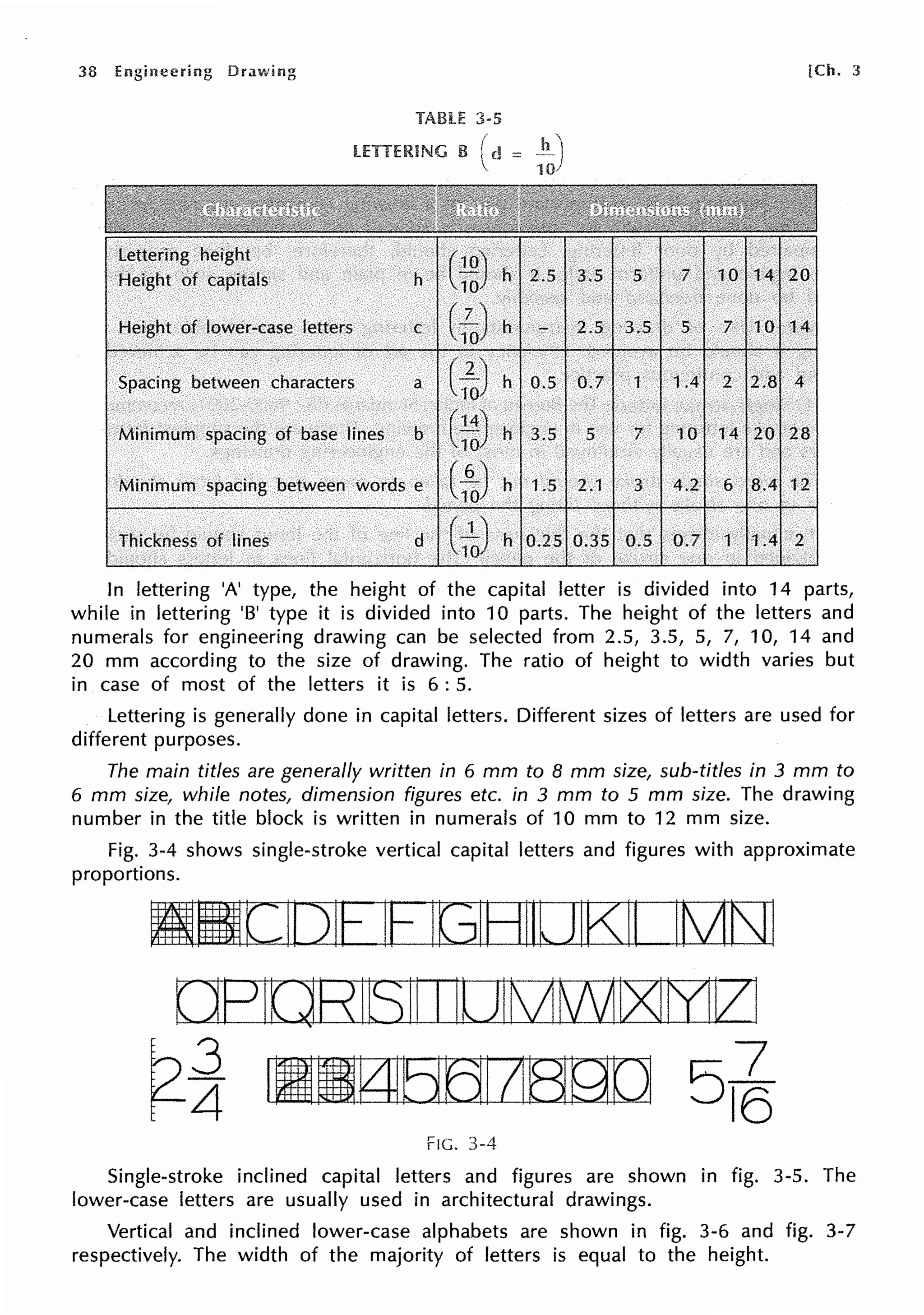 38 [Ch. 3
TABU: 3-5
h C~) h 2.5 3.5 5 7 10 14 20
Height of lower-case letters C C;o) h 2.5 3.5 5 7 10 14
Spacing between characters a
c~ h 0.5 0.7 1 1.4 2 2.8 4
Minimum spacing of base lines b C;) h 3.5 5 7 10 14 20 28
Minimum spacing between words e CG~ h 1.5 2.1 3 4.2 6 BA 12
Thickness of lines d
c~ h 0.25 0.35 0.5 0.7 1 1.4 2
In lettering 'A' type, the height of the capital letter is divided into 14 parts,
while in lettering 'B' type it is divided into 10 parts. The height of the letters and
numerals for engineering drawing can be selected from 2.5, 3.5, 5, 7, 10, 14 and
20 mm according to the size of drawing. The ratio of height to width varies but
in case of most of the letters it is 6 : 5.
Lettering is generally done in capital letters. Different sizes of letters are used for
different purposes.
The main titles are generally written in 6 mm to 8 mm size, sub-titles in 3 mm to
6 mm size, while notes, dimension figures etc. in 3 mm to 5 mm size. The drawing
number in the title block is written in numerals of 10 mm to 12 mm size.
Fig. 3-4 shows single-stroke vertical capital letters and figures with approximate
proportions.
IIIICIDIE IE IGIBIILJIK:11 IKJtsJI
t~JF?ltJEcllSII IILJIKJl/'v11><Jb1V:I
~~ lllkTIDSIJBgo 516
Fie. 3-4
Single-stroke inclined capital letters and figures are shown in fig. 3-5. The
lower-case letters are usually used in architectural drawings.
Vertical and inclined lower-case alphabets are shown in fig. 3-6 and fig. 3-7
respectively. The width of the majority of letters is equal to the height.
 
