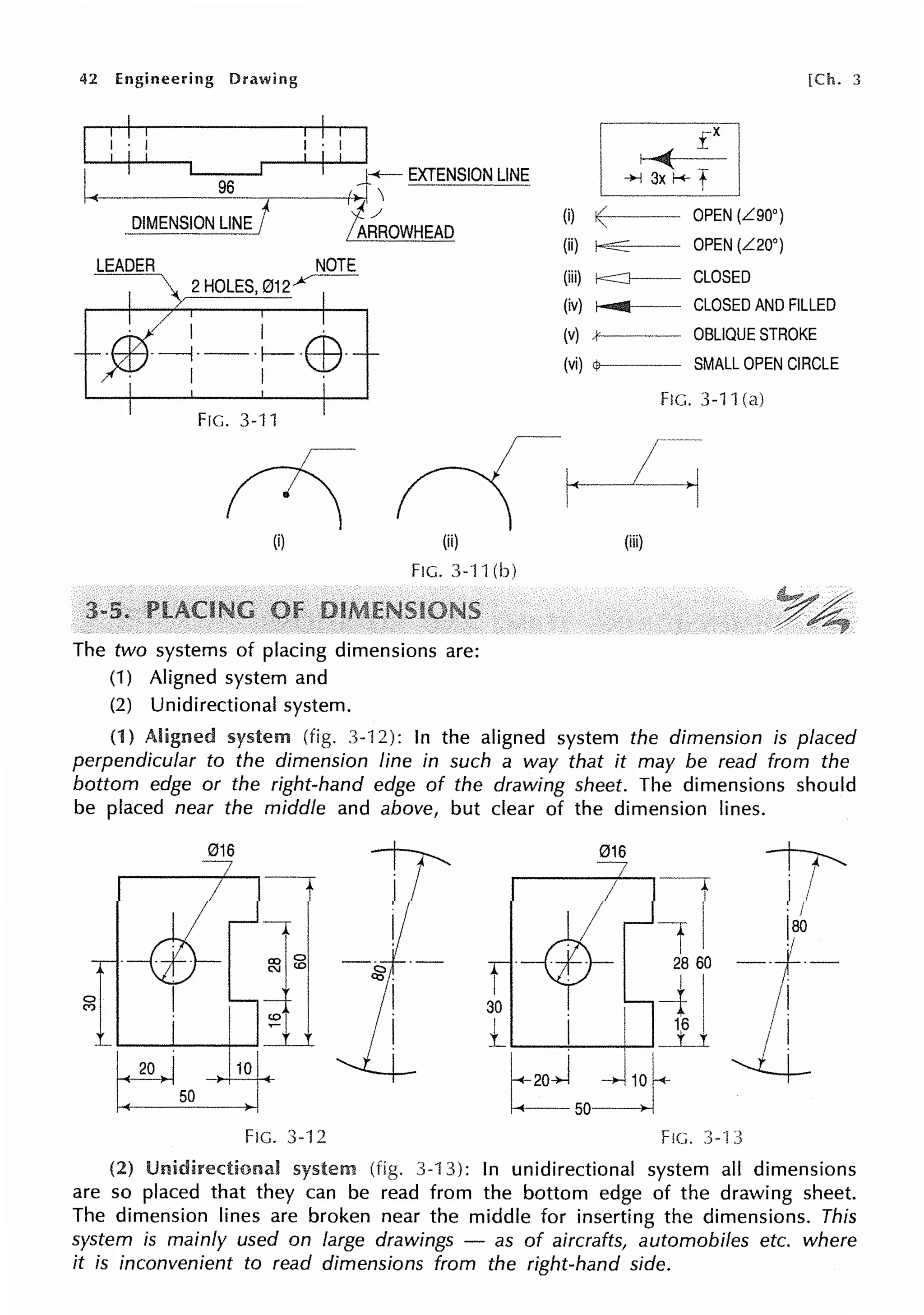 42 Engineering Drawing [Ch. 3
I ! ! ! ,---.,...!-+----'!
! I
~ j .._
9
_
6
_. i rd~EXTENSION LINE
DIMENSION LINE/ 'i_ _,;
~
. IARROWHEAD
LEADER NOTE
2 HOLES, 012,..v--
I I ·
---J---f--EB-
1 I ·
FIG. 3--11
(i) (ii)
FIG. 3--l 1
The two systems of placing dimensions are:
(1) Aligned system and
(2) Unidirectional system.
(i) OPEN (L'.90°)
(ii) 1,:::::::: OPEN (L'.20°)
(iii) f=:::J-- CLOSED
(iv) r""IIIII!-- CLOSED AND FILLED
(v) , ! ' - - - - OBLIQUE STROKE
(vi) [ ! J - - - - - SMALL OPEN CIRCLE
FIG. 3-11 (a)
(iii)
(1) Aligned system (fig. 3-·J 2): In the aligned system the dimension is placed
perpendicular to the dimension line in such a way that it may be read from the
bottom edge or the right-hand edge of the drawing sheet. The dimensions should
be placed near the middle and above, but clear of the dimension lines.
016
1T
016
ii
I
-----r
I
ti
• I
· ~
1ao
/
1- 28 60 --+--
I I I II
0
-t I
(")
I
30
/.
1 i I
16 I
L I _Li I I
b=,o .1,:I· ~ j+ I .
~
50 >
F1c. 3-12 FIG. 3-"I
(2) 3-1 : In unidirectional system all dimensions
are so placed that they can be read from the bottom edge of the drawing sheet.
The dimension lines are broken near the middle for inserting the dimensions. This
system is mainly used on large drawings - as of aircrafts, automobiles etc. where
it is inconvenient to read dimensions from the right-hand side.
 