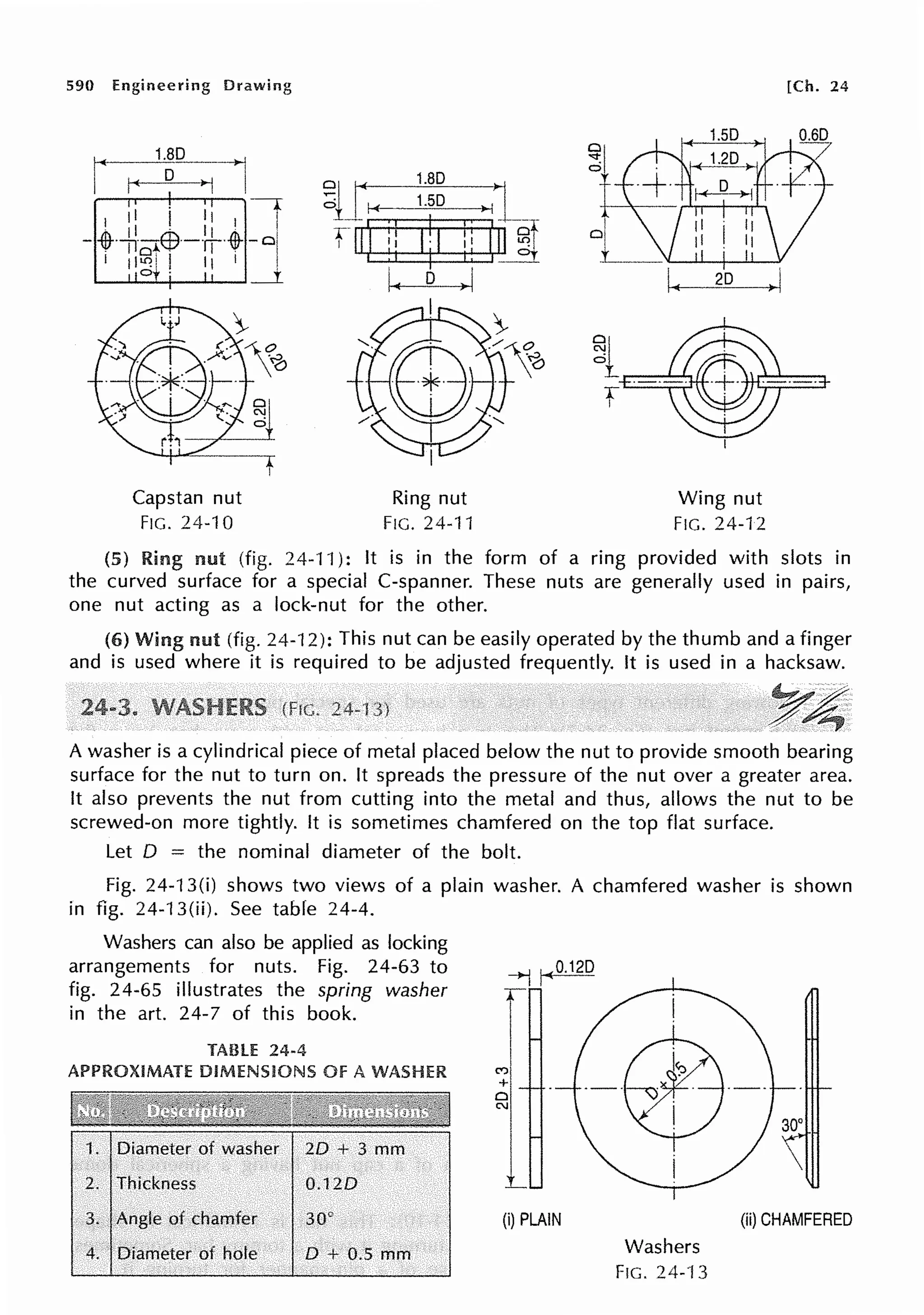 590 Engineering Drawing
r 1.ao ---i
I ~-~ I
Capstan nut
FIG. 24-10
Ring nut
FIG. 24-11
Wing nut
FIG. 24-12
[Ch. 24
(5) Ring nut (fig. 24-11 ): It is in the form of a ring provided with slots in
the curved surface for a special C-spanner. These nuts are generally used in pairs,
one nut acting as a lock-nut for the other.
(6) Wing nut (fig. 24-12): This nut can be easily operated by the thumb and a finger
and is used where it is required to be adjusted frequently. It is used in a hacksaw.
~~
/ . ~
A washer is a cylindrical piece of metal placed below the nut to provide smooth bearing
surface for the nut to turn on. It spreads the pressure of the nut over a greater area.
It also prevents the nut from cutting into the metal and thus, allows the nut to be
screwed-on more tightly. It is sometimes chamfered on the top flat surface.
Let D = the nominal diameter of the bolt.
Fig. 24-13(i) shows two views of a plain washer. A chamfered washer is shown
in fig. 24-13(ii). See table 24-4.
Washers can also be applied as locking
arrangements for nuts. Fig. 24-63 to
fig. 24-65 illustrates the spring washer
in the art. 24-7 of this book.
TABLE 24·4
APPROXIMATE DIMENSIONS Of A WA.SHER
1. Diameter of washer 20 + 3 mm
2. Thickness 0.120
3. Angle of chamfer 30"
4. Diameter of hole O + 0.5 mm
C')
+
Cl
CJ
(i) PLAIN
Washers
FIG. 24-'l 3
30°
(ii) CHAMFERED
 