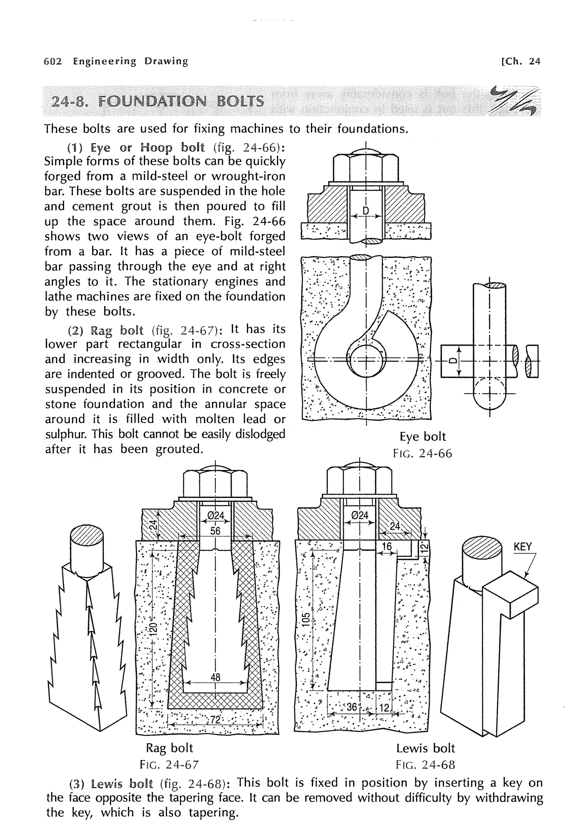 602 Engineering Drawing
These bolts are used for fixing machines to their foundations.
(1) or Hoop (fig. 24-66):
Simple forms of these bolts can be quickly
forged from a mild-steel or wrought-iron
bar. These bolts are suspended in the hole
and cement grout is then poured to fill
up the space around them. Fig. 24-66
shows two views of an eye-bolt forged
from a bar. It has a piece of mild-steel
bar passing through the eye and at right ·:t·'.:'.: ::':·
angles to it. The stationary engines and
lathe machines are fixed on the foundation
by these bolts.
Rag bolt (fig. : It has its
lower part rectangular in cross-section
and increasing in width only. Its edges
are indented or grooved. The bolt is freely
suspended in its position in concrete or
stone foundation and the annular space
around it is filled with molten lead or
sulphur. This bolt cannot be easily dislodged
after it has been grouted.
Eye bolt
FIG. 24-66
• ~ ••• ·I>
• • • <I
"· •. -,$.
,• -
~ .. ..
"' # ,l
..... ~ .. :
Rag bolt Lewis bolt
FIG. 24-67 FIG. 24-68
[Ch. 24
-E
(3) lewis bolt (fig. 24-68): This bolt is fixed in position by inserting a key on
the face opposite the tapering face. It can be removed without difficulty by withdrawing
the key, which is also tapering.
 