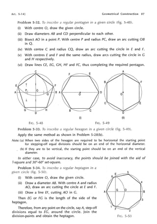 Art. 5-14] Geometrical Construction 87
Problem 5-32. To inscribe a regular pentagon in a given circle (fig. 5-48).
(i) With centre 0, draw the given circle.
(ii) Draw diameters AB and CD perpendicular to each other.
(iii) Bisect AO in a point P. With centre P and radius PC, draw an arc cutting OB
in Q.
(iv) With centre C and radius CQ, draw an arc cutting the circle in E and f.
(v) With centres f and f and the same radius, draw arcs cutting the circle in C
and H respectively.
(vi) Draw lines Cf, EC, CH, HF and FC, thus completing the required pentagon.
(i)
FIG. 5-48 FIG. 5-49
Problem 5-33. To inscribe a regular hexagon in a given circle (fig. 5-49).
Apply the same method as shown in Problem 5-28(b).
Note: (a) When two sides of the hexagon are required to be horizontal the starting point
for stepping-off equal divisions should be on an end of the horizontal diameter.
. (b) If they are to be vertical, the starting point should be on an end of the vertical
diameter.
In either case, to avoid inaccuracy, the points should be joined with the aid of
T-square and 30°-60° set-square.
Problem 5-34. To inscribe a regular heptagon in a
circle (fig.
(i) With centre 0, draw the given circle.
(ii) Draw a diameter AB. With centre A and radius
AO, draw an arc cutting the circle at E and f.
(iii) Draw a line ff, cutting AO in C.
Then EC or FC is the length of the side of the
heptagon.
Therefore, from any point on the circle, say A, step-off
divisions equal to EC, around the circle. Join the
division-points and obtain the heptagon.
4
3
FIG. 5-50
 