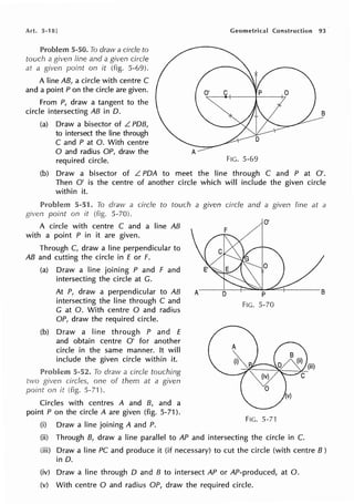 Art. 5-181
Problem 5-50. To draw a circle to
touch a given line and a given circle
at a given point on it (fig. 5-69).
A line AB, a circle with centre C
and a point Pon the circle are given.
From P, draw a tangent to the
circle intersecting AB in 0.
(a) Draw a bisector of L POB,
to intersect the line through
C and P at 0. With centre
0 and radius OP, draw the
Geometrical Construction 93
required circle. FIG. 5-69
(b) Draw a bisector of L POA to meet the line through C and P at O'.
Then O' is the centre of another circle which will include the given circle
within it.
Problem 5-51. To draw a circle to touch a given circle and a given line at a
point on il (fig. 5-70).
A circle with centre C and a line AB
with a point P in it are given.
Through C, draw a line perpendicular to
AB and cutting the circle in f or F.
(a) Draw a line joining P and F and
intersecting the circle at G.
At P, draw a perpendicular to AB
intersecting the line through C and
G at 0. With centre O and radius
OP, draw the required circle.
(b) Draw a line through P and f
and obtain centre O' for another
circle in the same manner. It will
include the given circle within it.
Problem 5-52. To draw a circle touching
two given circles, one of them at a given
point on it (fig. 5-71 ).
Circles with centres A and B, and a
point P on the circle A are given (fig. 5-71 ).
(i) Draw a line joining A and P.
O'
p
FIG. 5-70
FIG. 5-71
(ii) Through B, draw a line parallel to AP and intersecting the circle in C.
(iii) Draw a line PC and produce it (if necessary) to cut the circle (with centre B )
in 0.
(iv) Draw a line through O and B to intersect AP or AP-produced, at 0.
(v) With centre O and radius OP, draw the required circle.
 