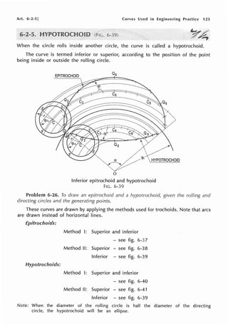 Art. 6-2-5] Curves Used in Engineering Practice 123
.YA4
When the circle rolls inside another circle, the curve is called a hypotrochoid.
The curve is termed inferior or superior, according to the position of the point
being inside or outside the rolling circle.
EPITROCHOID
0
Inferior epitrochoid and hypotrochoid
FIG. 6-39
Problem 6-26. To draw an epitrochoid and a hypotrochoid, given the rolling and
directing circles and the generating points.
These curves are drawn by applying the methods used for trochoids. Note that arcs
are drawn instead of horizontal lines.
Epitrochoids:
Method I: Superior and inferior
- see fig. 6-3 7
Method II: Superior - see fig. 6-38
Inferior - see fig. 6-39
Hypotrochoids:
Method I: Superior and inferior
- see fig. 6-40
Method II: Superior - see fig. 6-41
Inferior - see fig. 6-39
Note: When the diameter of the rolling circle is half the diameter of the directing
circle, the hypotrochoid will be an ellipse.
 