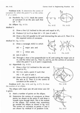 Art. 6-4] Curves Used in Engineering Practice 131
6-36. To determine the centre of
curvature 0, when the point P is at the vertex
V of a conic.
(a) (fig. 6-52): Mark the centre
of curvature O on the axis such that
OF = VF.
(b)
Method I:
(fig. 6-53):
FIG. 6-52
(i) Draw a line F1G inclined to the axis and equal to VF1 •
(ii) Produce F1G to H so that CH = VF. Join H with F.
FIG. 6-53
(iii) Draw a line GO parallel to HF and intersecting the axis at 0. Then O is
Method II:
(i)
the required centre of curvature.
(fig. 6-54):
Draw a rectangle AOC£ in which
1
AO = 2
major axis and
1
CO = 2
minor axis.
(ii) Join A with C.
0
FIG. 6-54 FIG. 6-55
(iii) Through £, draw a line perpendicular to AC and cutting the major axis at
0 1 and the minor axis 0 2. Then 0 1 and 0 2 are the centres of curvature
when the point P is at A and C respectively.
(c) (fig. 6-55):
(i) Draw a line F1G inclined to the axis and
equal to FV1.
(ii) On F1G, mark a point H such that
HG = VF. Join H with F.
(iii) Draw a line GO parallel to HF and cutting
the axis at 0. Then O is the centre of
curvature at the vertex V.
6-37. (fig. 6-56 and fig. 6-57): To draw
the evolute of an ellipse.
The ellipse with major axis AB and minor axis CD
is given.
(i) Mark a number of points on the ellipse.
(ii) Determine the centres of curvatures at these
points (as shown at the point P) and draw a
smooth curve through them. This is the evolute
of the ellipse. The evolute may sometimes
go outside the ellipse as shown in fig. 6-57
The centres of curvature at points A and C
are shown by method II of problem 6-36.
FIG. 6-56
02
FIG. 6-57
 