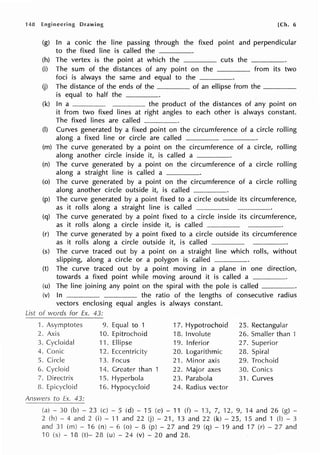 148 Drawing [Ch. 6
(g) In a conic the line passing through the fixed point and perpendicular
to the fixed line is called the ____
(h) The vertex is the point at which the cuts the ____
(i) The sum of the distances of any point on the from its two
foci is always the same and equal to the ____
(j) The distance of the ends of the_ of an ellipse from the ____
is equal to half the
(k) In a ____________ --------·--· the product of the distances of any point on
it from two fixed lines at right angles to each other is always constant.
The fixed lines are called ---------·
(I) Curves generated by a fixed point on the circumference of a circle rolling
along a fixed line or circle are called
(m) The curve generated by a point on the circumference of a circle, rolling
along another circle inside it, is called a ____
(n) The curve generated by a point on the circumference of a circle rolling
along a straight line is called a
(o) The curve generated by a point on the circumference of a circle rolling
along another circle outside it, is called
(p) The curve generated by a point fixed to a circle outside its circumference,
as it rolls along a straight line is called _________ -----·
(q) The curve generated by a point fixed to a circle inside its circumference,
as it rolls along a circle inside it, is called _____ -----·
(r) The curve generated by a point fixed to a circle outside its circumference
as it rolls along a circle outside it, is called
(s) The curve traced out by a point on a straight line which rolls, without
slipping, along a circle or a polygon is called
(t) The curve traced out by a point moving in a plane in one direction,
towards a fixed point while moving around it is called a ----·
(u) The line joining any point on the spiral with the pole is called ____
(v) In the ratio of the lengths of consecutive radius
vectors enclosing equal angles is always constant.
List of words for Ex. 43:
1. Asymptotes
2. Axis
3. Cycloidal
4. Conic
5. Circle
6. Cycloid
7. Directrix
8. Epicycloid
Answers to Ex. 43:
9. Equal to 1
10. Epitrochoid
1·1. Ellipse
12. Eccentricity
13. Focus
14. Greater than 1
15. Hyperbola
16. Hypocyc!oid
17. Hypotrochoid 25. Rectangular
18. Involute 26. Smaller than 1
19. Inferior 27. Superior
20. Logarithmic 28. Spiral
21. Minor axis 29. Trochoid
22. Major axes 30. Conics
23. Parabola 31. Curves
24. Radius vector
- 30 (b) -23 (c) - 5 (d) -15 (e)-11 (f) -13, 7, 12, 9, 14 and 26 (g) -
2 (h) - 4 and 2 (i) - "l'l and 22 (j) - 21, 13 and 22 (k) - 25, 15 and 1 (I) - 3
and 3·1 (m) 16 (n) - 6 (o) - 8 (p) - 27 and 29 (q) - 19 and 17 (r) - 27 and
10 - 18 (t)- 28 (u) - 24 (v) - 20 and 28.
 