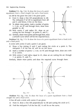 152 Engineering Drawing
Problem 7-1. (fig. 7-6): To draw the locus of a point
equidistant from a fixed straight line and a fixed point.
Let AB be the given line and C the given point.
(i) From C, draw a line CD perpendicular to AB.
The mid-point P of CD is equidistant from AB
and C, and hence, it lies on the locus.
(ii) To obtain more points, mark a number of points
1, 2 etc. on PC and through them, draw lines
parallel to AB.
(iii) With centre C and radius 01, draw an arc
cutting the line through 1 at points P1 and P'1.
(iv) Similarly, obtain more points and through them, draw
a smooth curve which will be the required locus.
[Ch. 7
A
B
FIG. 7-6
Problem 7-2. (fig. 7-7): To draw the locus of a point equidistant from a fixed circle
and a fixed point.
A circle with centre O and a point C are given.
(i) Draw a line joining O and C and cutting the circle at a point A. The
mid-point P of the line AC will lie on the locus.
(ii) Mark a number of points 1, 2 etc. on PC and through them, draw arcs with
0 as centre.
(iii) With centre C and radius equal to A1, draw an arc cutting the arc through
1 at points P1 and P'1 .
Similarly, obtain more points and draw the required curve through them.
D
0
A p
I
I
sl
FIG. 7-7 FIG. 7-8
Problem 7-3. (fig. 7-8): To draw the locus of a point equidistant from a fixed
straight fine and a fixed circle.
A line AB and a circle with centre O are given.
(i) From 0, draw a line OD perpendicular to AB and cutting the circle at C.
(ii) Find the mid-point P of the line DC. It will lie on the curve.
 