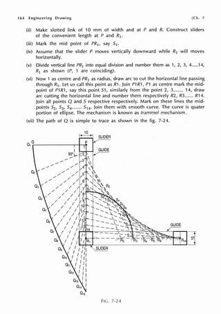 164 Engineering Drawing [Ch. 7
(ii) Make slotted link of 10 mm of width and at P and R. Construct sliders
of the convenient length at P and R1.
(iii) Mark the mid point of PR1, say 51.
(iv) Assume that the slider P moves vertically downward while R1 will moves
horizontally.
(v) Divide vertical line PR1 into equal division and number them as 1, 2, 3, 4.....14,
R1 as shown (P, 1 are coinciding).
(vi) Now 1 as centre and PR1 as radius, draw arc to cut the horizontal line passing
through R1. Let us call this point as R1. Join P1 R1, P1 as centre mark the mid-
point of P1 R1, say this point 51, similarly from the point 2, 3....... 14, draw
arc cutting the horizontal line and number them respectively R2, R3...... R14.
Join all points Q and 5 respective respectively. Mark on these lines the mid-
points 52, 53, 54•...... 514• Join them with smooth curve. The curve is quater
portion of ellipse. The mechanism is known as trammel mechanism.
(vii) The path of Q is simple to trace as shown in the fig. 7-24.
SLIDER
GUIDE
---x
r+-r.i+--,,,.._________________.____,,_R.....
1s ~1
FIG. 7-24
 