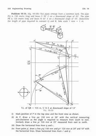 232 Engineering Drawing [Ch. 10
Problem 10-34. (fig. rn-59): Two pipes emerge from a common tank. The pipe
PQ is 150 metre long and bears S 58° E on a downv,;ard slope of 20°. The pipe
PR is 120 metre long and bears N 65° E on a downward slope of 10°. Determine
the length of pipe required to connect Q and R. Take scale 1 mm 1 m.
s
r'
3
V.P.
H.P.
q2
p'
T.L. of QR = 135 m. S 13 E at downward slope of 13°
FIG. 10-59
(i) Mark position of P in the top view and the front view as shown.
(ii) At P, draw a line pq 150 mm at 58° with the vertical measuring
anti-clockwise as the angle is required to measure from south to east.
Similarly draw a line pr 120 mm at 25° measured from east to north.
(iii) Draw the horizontal lines from q and r.
(iv) From point p', draw a line p'q' 150 mm and p'r' 120 mm at 20° and 10° with
the horizontal lines. Draw horizontal lines from r' and q'.
 