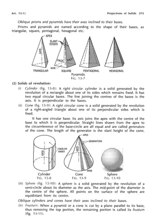 Art. 13-1] Projections of Solids 273
Oblique prisms and pyramids have their axes inclined to their bases.
Prisms and pyramids are named according to the shape of their bases, as
triangular, square, pentagonal, hexagonal etc.
APEX
TRIANGULAR SQUARE PENTAGONAL HEXAGONAL
Pyramids
FIG. 13-7
(2) Solids of revolution:
(i) Cylinder (fig. 13-8): A right circular cylinder is a solid generated by the
revolution of a rectangle about one of its sides which remains fixed. It has
two equal circular bases. The line joining the centres of the bases is the
axis. It is perpendicular to the bases.
(ii) Cone (fig. 13-9): A right circular cone is a solid generated by the revolution
of a right-angled triangle about one of its perpendicular sides which is
fixed.
It has one circular base. Its axis joins the apex with the centre of the
base to which it is perpendicular. Straight lines drawn from the apex to
the circumference of the base-circle are all equal and are called generators
of the cone. The length of the generator is the slant height of the cone.
Cylinder
FIG. 13-8
Cone
FIG. 13-9
Sphere
FIG. 13-10
(iii) Sphere (fig. 'l 3-10): A sphere is a solid generated by the revolution of a
semi-circle about its diameter as the axis. The mid-point of the diameter is
the centre of the sphere. All points on the surface of the sphere are
equidistant from its centre.
Oblique cylinders and cones have their axes inclined to their bases.
(iv) Frustum: When a pyramid or a cone is cut by a plane parallel to its base,
thus removing the top portion, the remaining portion is called its frustum
(fig. 13-11).
 