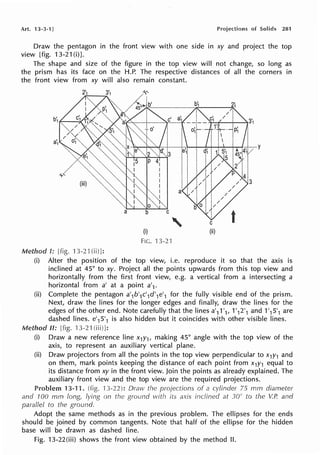 Art. 13-3-1] Projections of Solids 281
Draw the pentagon in the front view with one side in xy and project the top
view [fig. 13-21(i)J.
The shape and size of the figure in the top view will not change, so long as
the prism has its face on the H.P. The respective distances of all the corners in
the front view from xy will also remain constant.
{i) {ii)
FIG. 13-2 l
Method I: [fig. 13-21 (ii)]:
(i) Alter the position of the top view, i.e. reproduce it so that the axis is
inclined at 45° to xy. Project all the points upwards from this top view and
horizontally from the first front view, e.g. a vertical from a intersecting a
horizontal from a' at a point a'1.
(ii) Complete the pentagon a'1b'1c'1d'1e'1 for the fully visible end of the prism.
Next, draw the lines for the longer edges and finally, draw the lines for the
edges of the other end. Note carefully that the lines a'11'1, 1'12'1 and 1'15'1 are
dashed lines. e'15'1 is also hidden but it coincides with other visible lines.
Method II: [fig. 13-21 (iii)]:
(i) Draw a new reference line x1y1, making 45° angle with the top view of the
axis, to represent an auxiliary vertical plane.
(ii) Draw projectors from all the points in the top view perpendicular to x1y1 and
on them, mark points keeping the distance of each point from x1y1 equal to
its distance from xy in the front view. Join the points as already explained. The
auxiliary front view and the top view are the required projections.
Problem 13-11. (fig. 13-22): Dracv the projections of a cylinder 75 mm diameter
and 100 rnm long, lying on the ground with its axis inclined at 30" to the V.P. and
parallel to the ground.
Adopt the same methods as in the previous problem. The ellipses for the ends
should be joined by common tangents. Note that half of the ellipse for the hidden
base will be drawn as dashed line.
Fig. 13-22(iii) shows the front view obtained by the method II.
 