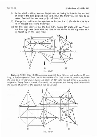 Art. 13-4] Projections of Solids 289
(i) In the initial position, assume the pyramid as having its base in the V.P. and
an edge of the base perpendicular to the H.P. The front view will have to be
drawn first and the top view projected from it.
(ii) Change the position of the top view so that the line o1 (for the face o1 5) is
in xy. Project the second front view.
(iii) Tilt this front view so that the line 1'15'1 makes 30° angle with xy. Project
the final top view. Note that the base is not visible in the top view as it
is nearer xy in the front view.
X
(ii) (iii)
FIG. 13-33
Problem 13-21. (fig. 13-34): A square pyramid, base 38 mm side and axis 50 mm
long, is freely suspended from one of the comers of its base. Draw its projections, when
the axis as a vertical plane makes an angle of 45° with the V.P. When a pyramid is
suspended freely from a corner of its base, the imaginary line joining that corner with
the centre of gravity of the pyramid will be vertical.
(i) (ii)
FIG. 13-34
(iii)
 