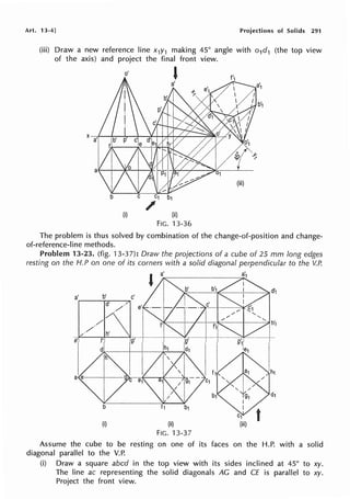 Art. 13-4] Projections of Solids 291
(iii) Draw a new reference line x1y1 making 45° angle with o1d1 (the top view
of the axis) and project the final front view.
o'
'
(iii)
C1
/
(i) (ii)
FIG. 13-36
The problem is thus solved by combination of the change-of-position and change-
of-reference-line methods.
Problem 13-23. (fig. 13-37): Draw the projections of a cube of 25 mm long edges
resting on the H.P on one of its corners with a solid diagonal perpendicular to the V.P.
(i) (ii)
FIG. 13-37
Assume the cube to be resting on one of its faces on the H.P. with a solid
diagonal parallel to the V.P.
(i) Draw a square abed in the top view with its sides inclined at 45° to xy.
The line ac representing the solid diagonals AG and CE is parallel to xy.
Project the front view.
 