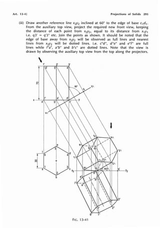 Art. 13-4] Projections of Solids 295
(iii) Draw another reference line x2y2 inclined at 60° to the edge of base c1d1 .
From the auxiliary top view, project the required new front view, keeping
the distance of each point from x2y2, equal to its distance from x1y1
i.e. q3' = q'3" etc. Join the points as shown. It should be noted that the
edge of base away from x2y2 will be observed as full lines and nearest
lines from x2y2 will be dotted lines. i.e. c"d", d"e" and e"f" are full
lines while f"a", a"b" and b"c" are dotted lines. Note that the view is
drawn by observing the auxiliary top view from the top along the projectors.
'
6" 1"
FIG. 13-41
 