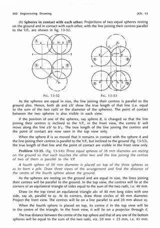 302 Engineering Drawing [Ch. 13
(1) Spheres in contact with each other: Projections of two equal spheres resting
on the ground and in contact with each other, with the line joining their centres parallel
to the V.P., are shown in fig. 13-52.
FIG. 13-52 FIG. 13-53
As the spheres are equal in size, the line joining their centres is parallel to the
ground also. Hence, both ab and a'b' show the true length of that line (i.e. equal
to the sum of the two radii or the diameter of the spheres). The point of contact
between the two spheres is also visible in each view.
If the position of one of the spheres, say sphere B, is changed so that the line
joining their centres is inclined to the V.P., in the front view, the centre b' will
move along the line a'b' to b'1. The true length of the line joining the centres and
the point of contact are now seen in the top view only.
When the sphere B is so moved that it remains in contact with the sphere A and
the line joining their centres is parallel to the V.P., but inclined to the ground (fig. 13-53),
the true length of that line and the point of contact are visible in the front view only.
Problem 13-35. (fig. 13-54): Three equal spheres of 38 mm diameter are resting
on the ground so that each touches the other two and the line joining the centres
of two of them is parallel to the V.P.
A fourth sphere of 50 mm diameter is placed on top of the three spheres so
as to form a pile. Draw three views of the arrangement and find the distance of
the centre of the fourth sphere above the ground.
As the spheres are resting on the ground and are equal in size, the lines joining
their centres will be parallel to the ground. In the top view, the centres will lie at the
corners of an equilateral triangle of sides equal to the sum of the two radii, i.e. 40 mm.
Draw (in the top view) an equilateral triangle abc of 40 mm long sides with one
side, say ab, parallel to xy. At its corners, draw three circles of 40 mm diameter.
Project the front view. The centres will lie on a line parallel to and 20 mm above xy.
When the fourth sphere is placed on top, its centre d in the top view will be
in the centre of the triangle. In the front view, it will lie on a projector through d.
The true distance between the centre of the top sphere and that of any one of the bottom
spheres will be equal to the sum of the two radii, viz. 20 mm + 25 mm, i.e. 45 mm.
 