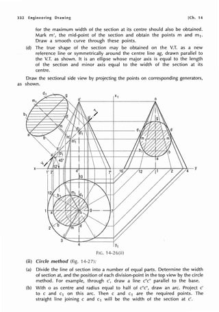 332 Engineering Drawing [Ch. 14
for the maximum width of the section at its centre should also be obtained.
Mark m', the mid-point of the section and obtain the points m and m 1.
Draw a smooth curve through these points.
(d) The true shape of the section may be obtained on the V.T. as a new
reference line or symmetrically around the centre line ag, drawn parallel to
the V.T. as shown. It is an ellipse whose major axis is equal to the length
of the section and minor axis equal to the width of the section at its
centre.
Draw the sectional side view by projecting the points on corresponding generators,
as shown.
4
(ii) Circle method (fig. 14-27):
Y1
FIG. 14-26(ii)
(a) Divide the line of section into a number of equal parts. Determine the width
of section at, and the position of each division-point in the top view by the circle
method. For example, through c', draw a line c"c" parallel to the base.
(b) With o as centre and radius equal to half of c"c", draw an arc. Project c'
to c and c1 on this arc. Then c and c1 are the required points. The
straight line joining c and c1 will be the width of the section at c'.
 