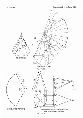 Art. 15-2-5]
10 7
ISOMETRIC VIEW
(i) DEVELOPEMENT OF CONE
FRONT VIEW OF CONE
FIG. 15-29
Development of Surfaces 369
1'
31
(ii) CONE AND PROJECTIONS GENERATED
FROM DEVELOPEMENT OF CONE
FIG. 15-30
 