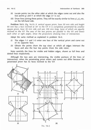 Art. 16-3] Intersection of Surfaces 385
(ii) Locate points (on the other side) at which the edges come out and also the
two points g' and h' at which the edge c'c' is cut.
(iii) Draw lines joining these points. They will be exactly similar to lines p'1 p'2 etc.
on the left-hand side.
Problem 16-3. (fig. 16-3): A vertical square prism, base 50 mm side and height
90 mm has a face inclined at 30° to the V.P. It is completely penetrated by another
square prism, base 38 mm side and axis mo mm Jong, faces of which are equally
inclined to the V.P. The axes of the two prisms are parallel to the V.P. and bisect
each other at right angles. Draw the projections showing lines of intersection.
Adopt the same method as explained in problem 16-2.
(i) The edges 1-1 and 3-3 enter one face of the vertical prism and come out
of its opposite face.
(ii) Obtain the points (from the top view) at which all edges intersect the
faces and also the four key points (from the side view).
Note carefully the lines for visible and hidden edges, shown as full lines and
dotted lines respectively.
Although the two axes are intersecting, the visible portions of the lines of
intersection, when the penetrating prism enters and comes out differ because the
penetrated prism has its faces inclined to the V.P.
0
a' b' d' c' d" a" c" b"
1'
I : q1
1'
-t-~--/ g'
2
2' 4' 4' 2'
f'
(i) 3'
I
I I
a' c' d" a" c" b"
-j--t--7
i : /
4 4
,,.-j a
I
1 3 3 1
I
. I 
-!-~--~'/
I I
2 2
I
(ii) (iii)
FIG. 16-3
 