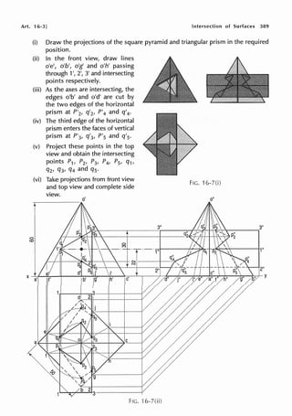 Art. 16-3] Intersection of Surfaces 389
(i) Draw the projections of the square pyramid and triangular prism in the required
position.
(ii) In the front view, draw lines
o'e', o'b', o'g' and o'h' passing
through 1', 2', 3' and intersecting
points respectively.
(iii) As the axes are intersecting, the
edges o'b' and o'd' are cut by
the two edges of the horizontal
prism at P'2, q'2, P'4 and q'4•
(iv) The third edge of the horizontal
prism enters the faces of vertical
prism at P'3, q'3, P's and q's·
(v) Project these points in the top
view and obtain the intersecting
points P1, P2, P3, P4, Ps, q1,
qz, q3, q4 and qs.
(vi) Take projections from front view
and top view and complete side
view.
o'
~------,.
0
<.O
3"
·T·-·1..
2"
lg
.__..,_,..................2
....3,-------r
FIG. ·J 6-7(ii)
FIG. 16-7(i)
o"
3"
1"
2"
y
 