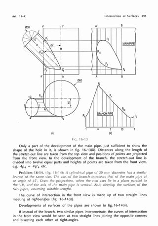 Art. 16-4J
a' b'
(i)
FiC. 16-·13
Intersection of Surfaces 395
A
A
BRANCH PIPE
4 7
(ii)
B
MAIN PIPE
B
10
Only a part of the development of the main pipe, just sufficient to show the
shape of the hole in it, is shown in fig. 16-13(ii). Distances along the length of
the stretch-out line are taken from the top view and positions of points are projected
from the front view. In the development of the branch, the stretch-out line is
divided into twelve equal parts and heights of points are taken from the front view,
e.g. 4p4 = 4'p'4 etc.
Problem 16-14. ·i 6-'14): A
an angfe of 45". Draw the
the V.P., and the axis of the main
two pipes, assuming suitable
of 30 mm diameter has a similar
intersects that of the main pipe at
when the two axes lie in a plane parallel to
is vertical. Also, develop the surfaces of the
The curve of intersection in the front view is made up of two straight lines
meeting at right-angles [fig. 16-14(i)J.
Developments of surfaces of the pipes are shown in fig. 16-14(ii).
If instead of the branch, two similar pipes interpenetrate, the curves of intersection
in the front view would be seen as two straight lines joining the opposite corners
and bisecting each other at right-angles.
 