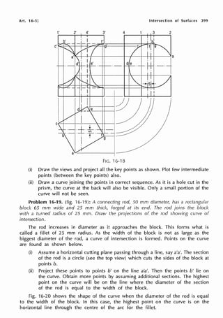 Art. 16-5] Intersection of Surfaces 399
FIG. 16-18
(i) Draw the views and project all the key points as shown. Plot few intermediate
points (between the key points) also.
(ii) Draw a curve joining the points in correct sequence. As it is a hole cut in the
prism, the curve at the back will also be visible. Only a small portion of the
curve will not be seen.
Problem 16-19. (fig. 16-19): A connecting rod, 50 mm diameter, has a rectangular
block 65 mm wide and 25 mm thick, forged at its end. The rod joins the block
with a turned radius of 25 mm. Draw the projections of the rod showing curve of
intersection.
The rod increases in diameter as it approaches the block. This forms what is
called a fillet of 25 mm radius. As the width of the block is not as large as the
biggest diameter of the rod, a curve of intersection is formed. Points on the curve
are found as shown below.
(i) Assume a horizontal cutting plane passing through a line, say a'a'. The section
of the rod is a circle (see the top view) which cuts the sides of the block at
points b.
(ii) Project these points to points b' on the line a'a'. Then the points b' lie on
the curve. Obtain more points by assuming additional sections. The highest
point on the curve will be on the line where the diameter of the section
of the rod is equal to the width of the block.
Fig. 16-20 shows the shape of the curve when the diameter of the rod is equal
to the width of the block. In this case, the highest point on the curve is on the
horizontal line through the centre of the arc for the fillet.
 