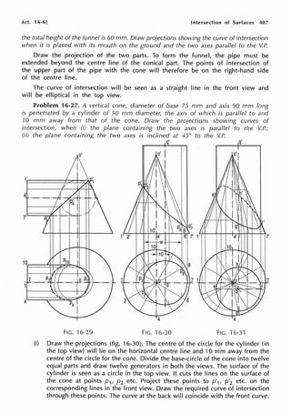 Art. 16-6] Intersection of Surfaces 407
the total height of the funnel is 60 mm. Draw projections showing the curve of intersection
when it is placed with its mouth on the ground and the two axes parallel to the V.P.
Draw the projection of the two parts. To form the funnel, the pipe must be
extended beyond the centre line of the conical part. The points of intersection of
the upper part of the pipe with the cone will therefore be on the right-hand side
of the centre line.
The curve of intersection will be seen as a straight line in the front view and
will be elliptical in the top view.
Problem 16-27. A vertical cone, diameter of base 75 mm and axis 90 mm long
is penetrated by a cylinder of 50 mm diameter, the axis of which is parallel to and
10 mm away from that of the cone. Draw the projections showing curves of
intersection, when (i) the plane containing the two axes is parallel to the V.P.;
(ii) the plane containing the two axes is inclined at 45° to the V.P.
q'
FIG. 16-29 FIG. 16-30 FIG. 16-31
(i) Draw the projections (fig. 16-30). The centre of the circle for the cylinder (in
the top view) will lie on the horizontal centre line and 10 mm away from the
centre of the circle for the cone. Divide the base-circle of the cone into twelve
equal parts and draw twelve generators in both the views. The surface of the
cylinder is seen as a circle in the top view. It cuts the lines on the surface of
the cone at points p1, p2 etc. Project these points to p'1, p'2 etc. on the
corresponding lines in the front view. Draw the required curve of intersection
through these points. The curve at the back will coincide with the front curve.
 